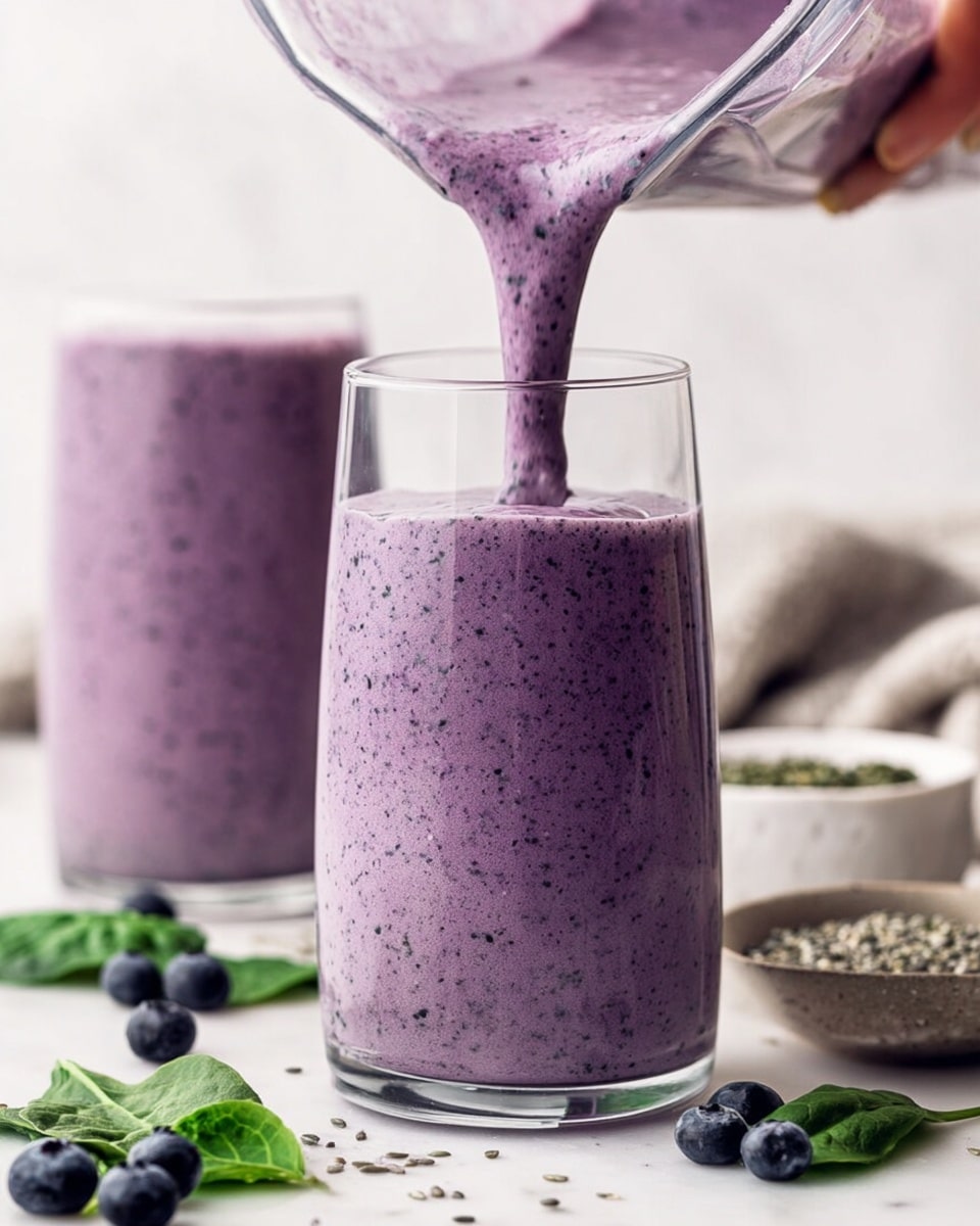 Two tall clear glasses filled with thick purple smoothie, each topped with small beige seeds and a few whole blueberries. The glasses have glass straws and sit on a large white round plate. Around the plate, there are loose blueberries and green spinach leaves scattered. In the background, a bowl full of blueberries and a white and gray striped cloth are visible on a white marbled surface. The scene is bright and clean. photo taken with an iphone --ar 4:5 --v 7
