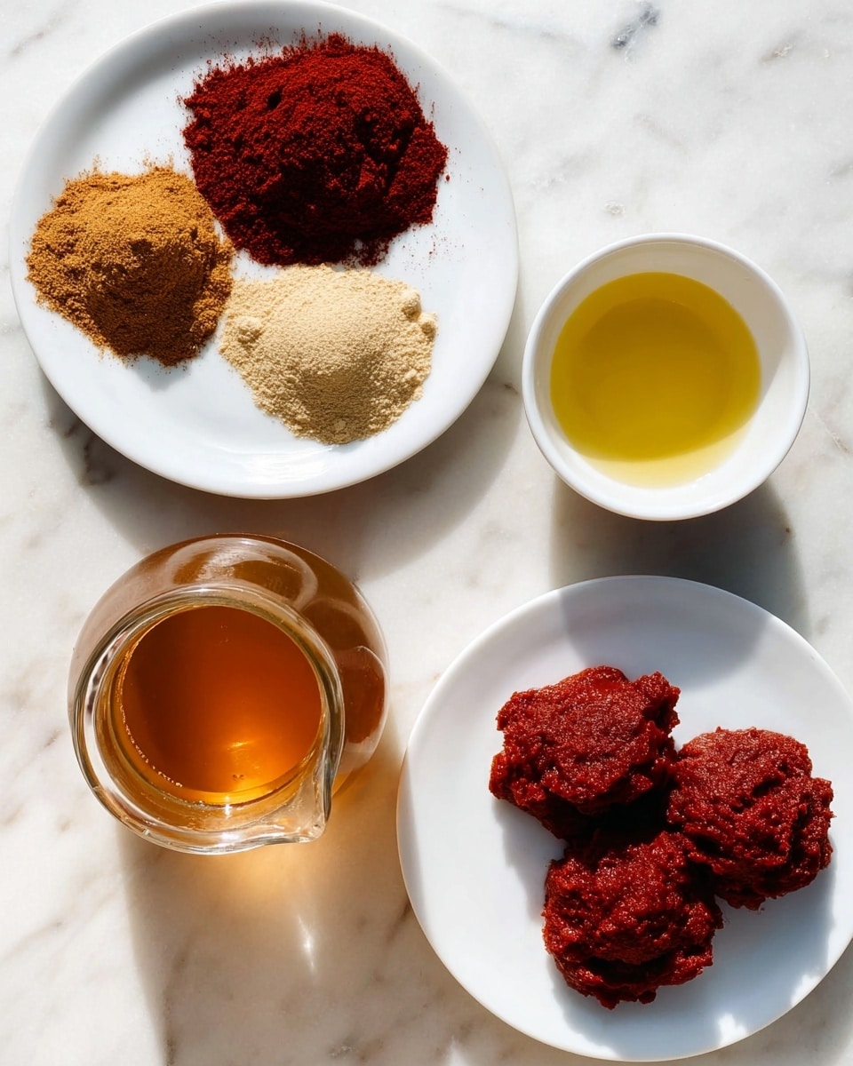 The image shows four small piles of ingredients arranged on white plates and a clear glass jug, all placed on a white marbled surface. On the top left white plate, there are three distinct piles of powdered spices: a large dark red pile on the left, a smaller light brown pile on the top right, and two smaller beige piles at the bottom side by side. To the right, there is a small white bowl filled with a golden yellow liquid. Below this, on the bottom right white plate, there are three chunky scoops of thick, deep red paste with a dense texture. On the bottom left, there is a clear glass jug filled with a light brown liquid, showing slight reflections on its surface. The setup is clean and organized, with a bright natural light highlighting the colors and textures of the ingredients. Photo taken with an iphone --ar 4:5 --v 7