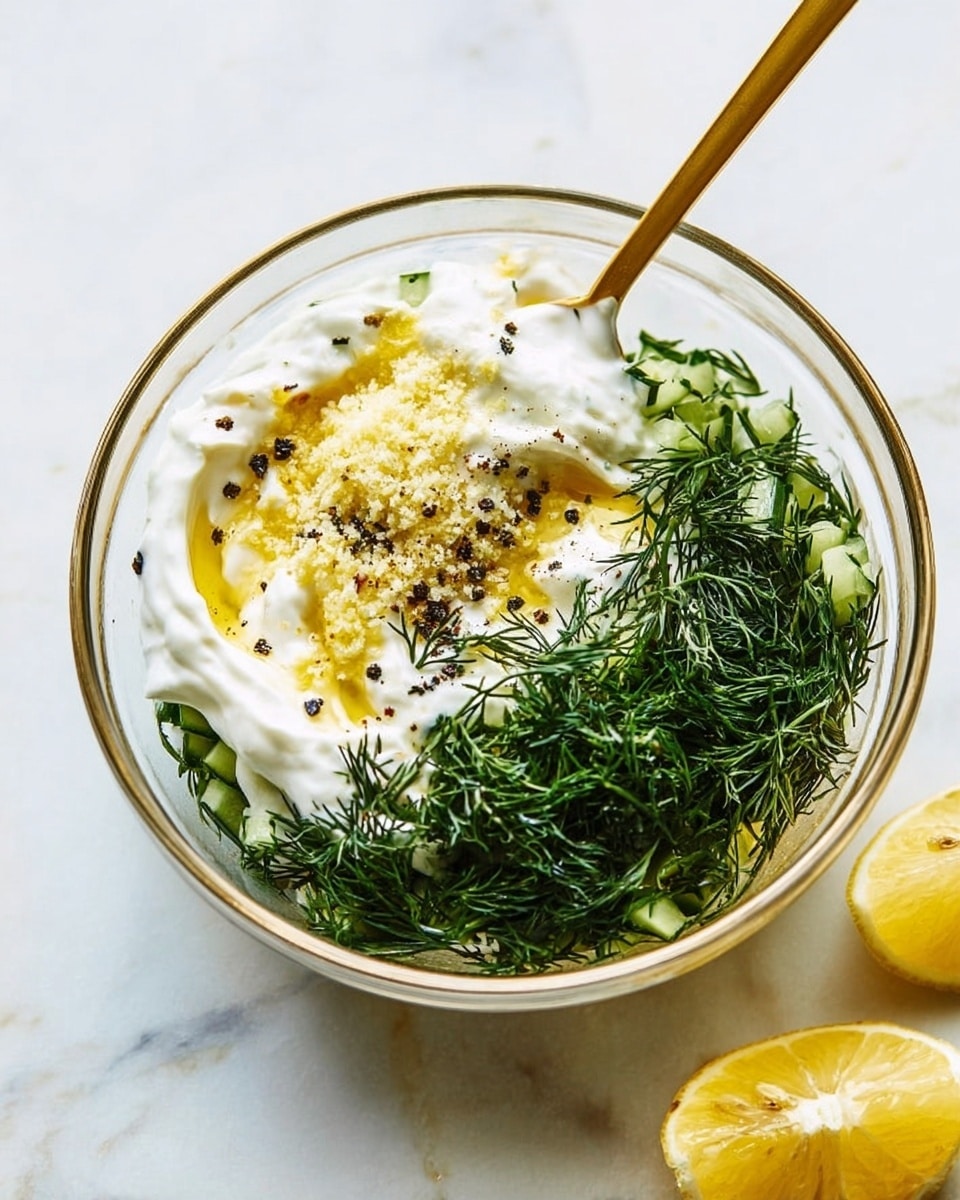 A clear glass bowl holds a mixture with four main layers: at the bottom is a pale grated cucumber layer, next to it is fresh green dill with fine needle-like leaves, above that is a thick creamy white yogurt layer drizzled with golden olive oil and sprinkled with coarse black pepper, and to one side, there is a small pile of finely crushed light yellow garlic. A golden spoon rests inside the bowl, partially buried in the ingredients. The bowl sits on a white marbled surface with two lemon wedges in the corner. Photo taken with an iphone --ar 4:5 --v 7