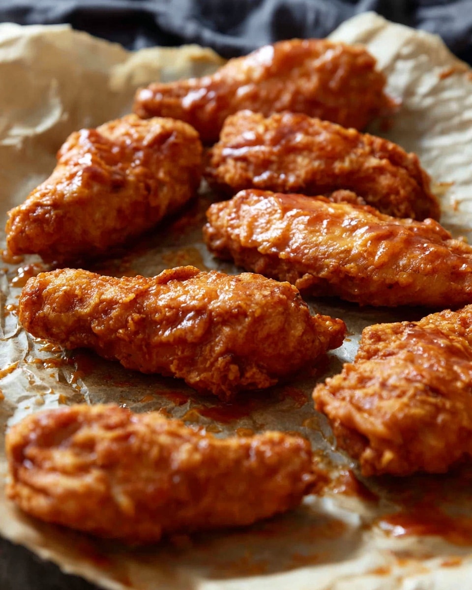 A metal tray lined with parchment paper holds seven pieces of golden brown fried chicken tenders coated in shiny orange buffalo sauce and sprinkled with small green chopped herbs. On the top right of the tray, a clear glass jar is filled with green celery sticks and orange carrot sticks standing upright, with more sticks lying around the jar. At the bottom left corner of the tray, a small clear glass cup contains creamy white dipping sauce with a swirl of orange sauce on top, also garnished with green herbs. The tray is placed on a white marbled surface, photo taken with an iphone --ar 4:5 --v 7