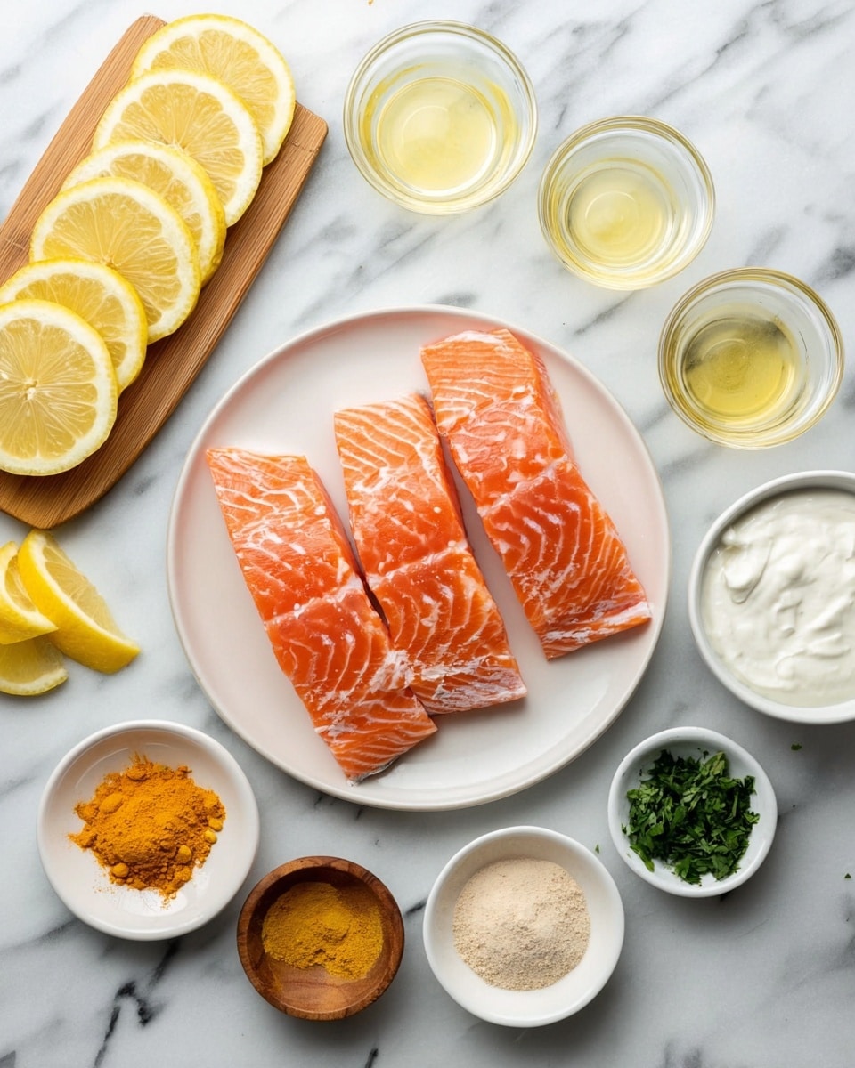 The image shows a white round plate on a white marbled surface holding four pieces of raw salmon fillets, arranged side by side with visible light white lines of fat. Above the plate, there are three small clear glass bowls containing lemon juice, honey, and mixed salt and pepper. To the left of the plate, a wooden board displays thinly sliced lemon pieces stacked in two layers and a small pile of yellow lemon zest. Surrounding the board and plate, there are several small bowls containing thick white cream, a clear liquid oil, yellow curry powder, chopped green herbs, a small white bowl with a pale yellow sauce, and a small wooden bowl with a beige powder. The overall setting is bright and clean with a white marbled background. photo taken with an iphone --ar 4:5 --v 7