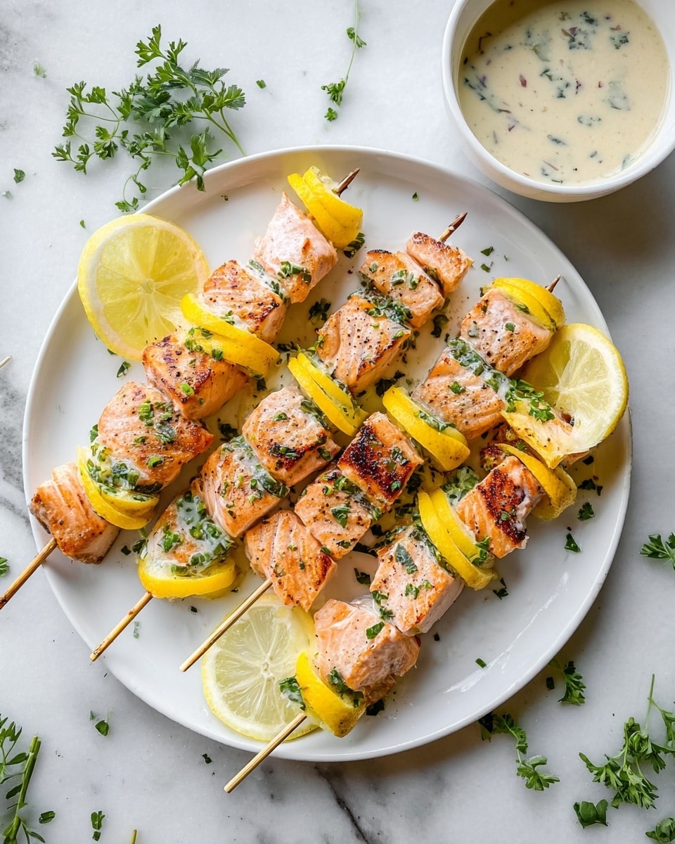 The image shows three white plates with salmon skewers arranged on one plate. Each skewer has four layers of light pink grilled salmon cubes, alternating with thin yellow lemon slices. The salmon pieces have a creamy light yellow sauce drizzled on top with small green herbs sprinkled. The plate also has a small heap of quinoa salad with yellow and white pieces, green leafy herbs, and almond slices in the top left corner, placed on a bed of green arugula leaves. Near the skewers, two lime wedges with a bright green color and black pepper specks are arranged on the white marbled surface. At the bottom right, part of a bowl with the same creamy sauce speckled with herbs is visible. photo taken with an iphone --ar 4:5 --v 7