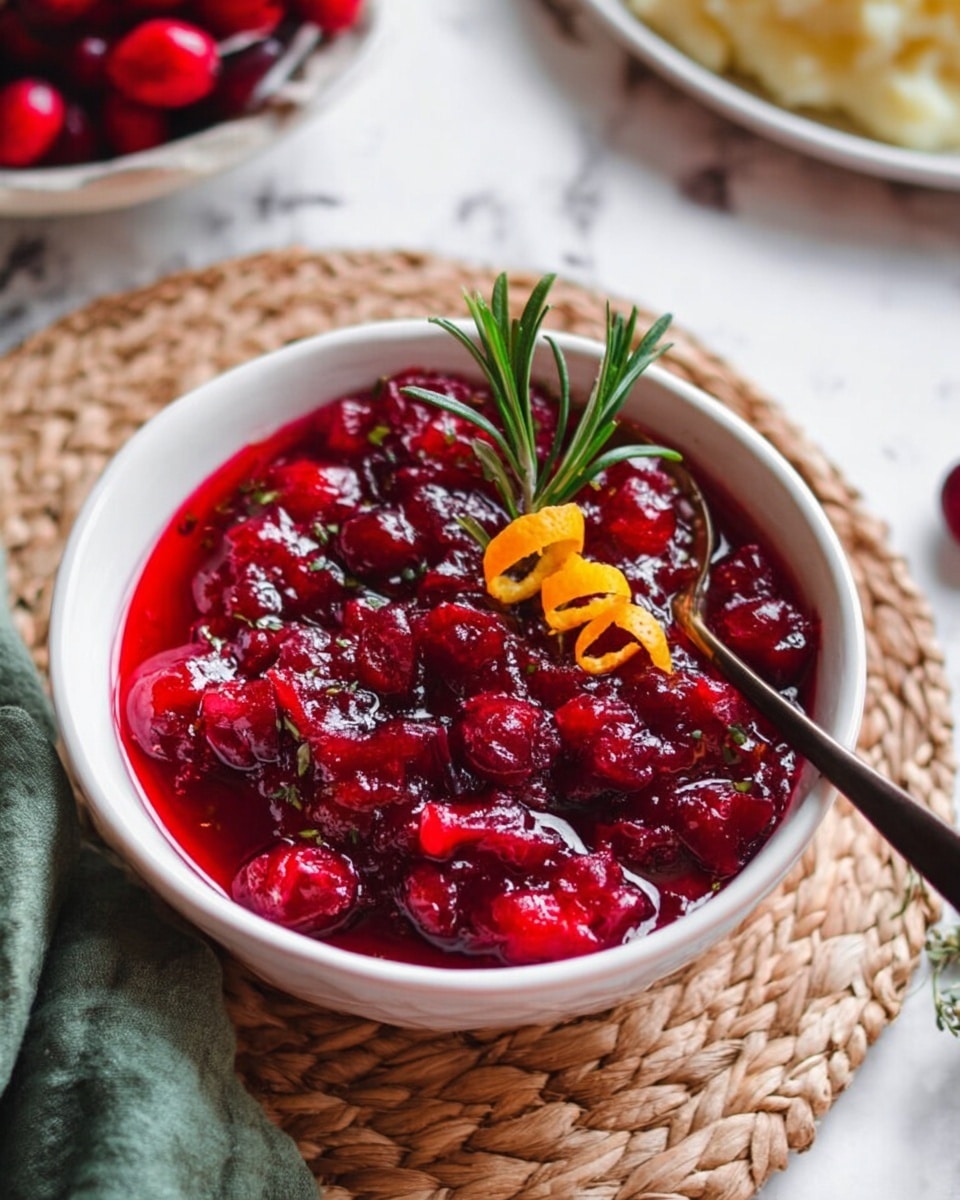A small white bowl filled with bright red cranberry sauce, with whole cranberries and some crushed pieces giving a shiny, thick texture. On top, there is a small orange peel twist and a small green rosemary sprig placed as decoration. A dark spoon is partially submerged on the right side. The bowl sits on a beige woven mat, on a white marbled surface, with part of a green cloth visible nearby. In the top background, there is a white plate holding some mashed potatoes and more cranberry sauce. Photo taken with an iphone --ar 4:5 --v 7