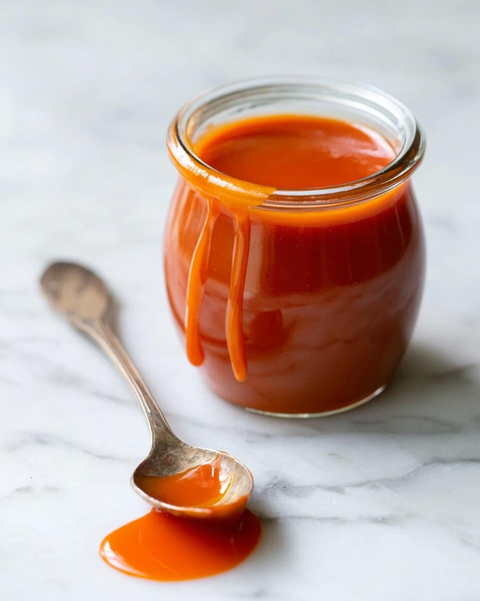 A small clear glass jar is filled nearly to the top with smooth orange-red sauce that is thick but shiny. Some sauce is running down the side of the jar and onto the white marbled surface below. In front of the jar, an old, tarnished silver spoon holds a small pool of the same sauce, with a little sauce spilled next to it on the marble. The scene is simple and bright with soft natural light. Photo taken with an iphone --ar 4:5 --v 7