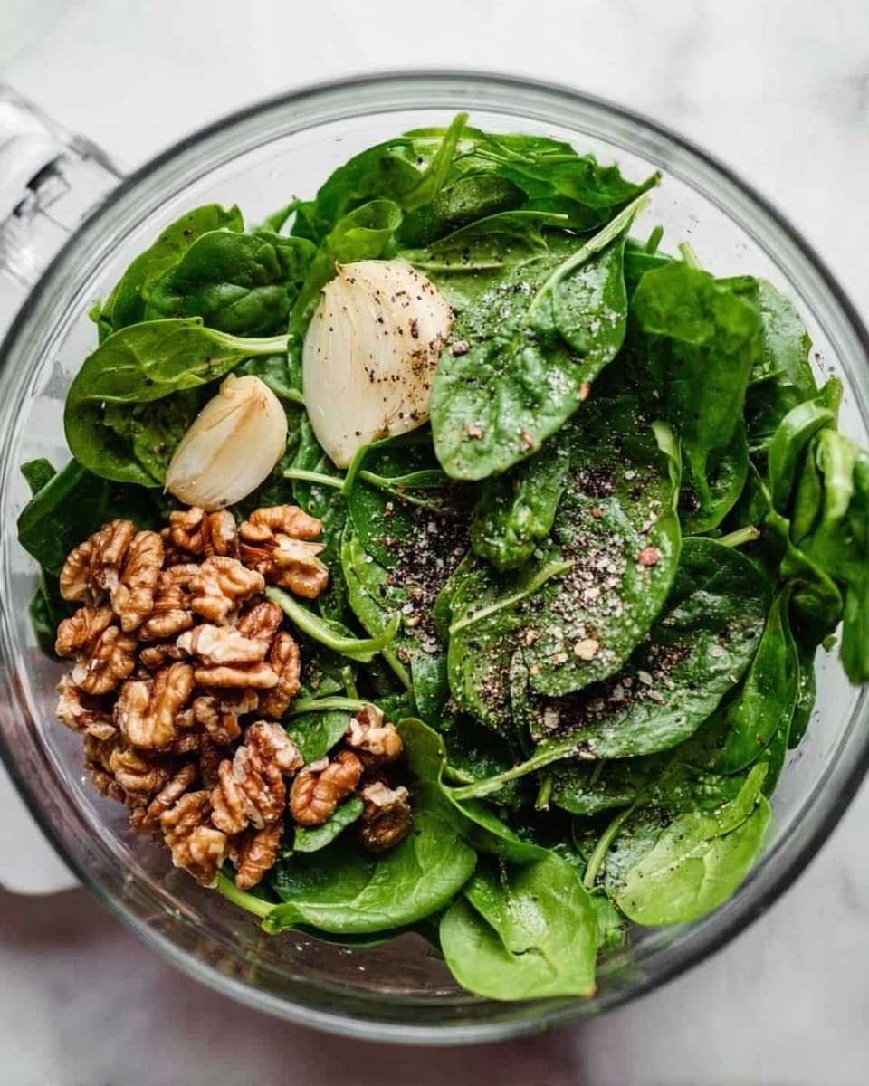 The image shows a round clear bowl filled with bright green spinach leaves covering most of the inside. On one side, there is a small pile of brown walnut pieces with rough texture. Near the center, there are two cloves of pale garlic, one whole and one slightly sliced. The spinach is sprinkled with small black pepper specks and coarse salt, adding texture to the green leaves. The bowl sits on a white marbled surface. photo taken with an iphone --ar 4:5 --v 7