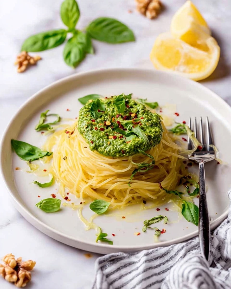 The dish shows one layer of light yellow spaghetti shaped in a loose pile on a white plate with a white marbled surface underneath. On top of the spaghetti is a thick layer of bright green pesto sauce sprinkled with small red chili flakes and fresh green basil leaves, some chopped and some whole. Around the plate, there are a few scattered basil leaves, some walnut pieces, and lemon wedges with a bit of juice squeezed out. A silver fork with a black handle rests on the right edge of the plate on a white and black striped cloth napkin. photo taken with an iphone --ar 4:5 --v 7