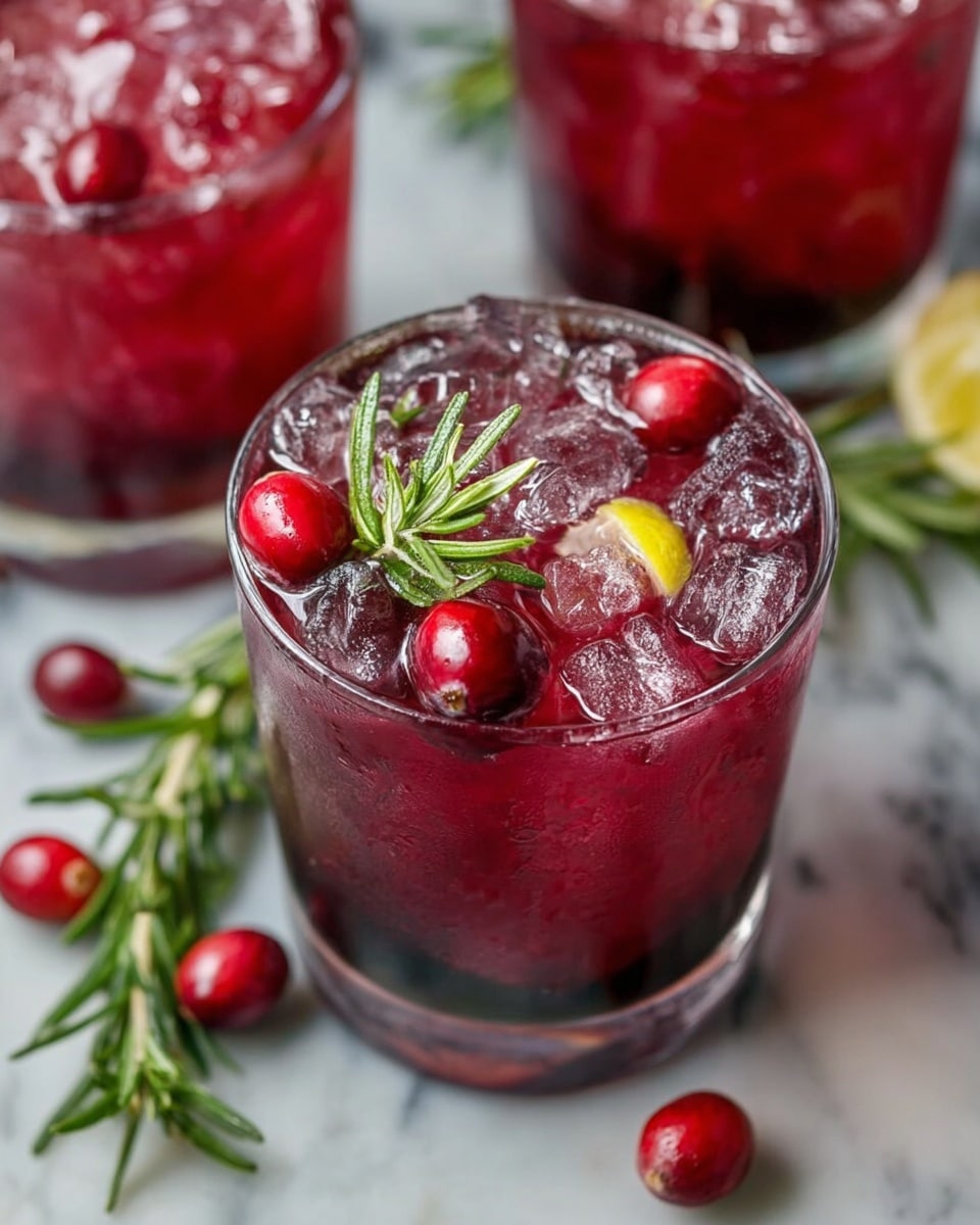 The image shows a clear glass filled with a dark red drink and many small ice cubes on top. The drink is decorated with three whole red cranberries, a small green sprig of rosemary, and a small yellow lemon slice placed near the edge of the glass. Surrounding the glass are extra sprigs of green rosemary and some red cranberries scattered on a white marbled surface. In the background, two more glasses with the same red drink and ice are visible but blurred. photo taken with an iphone --ar 4:5 --v 7