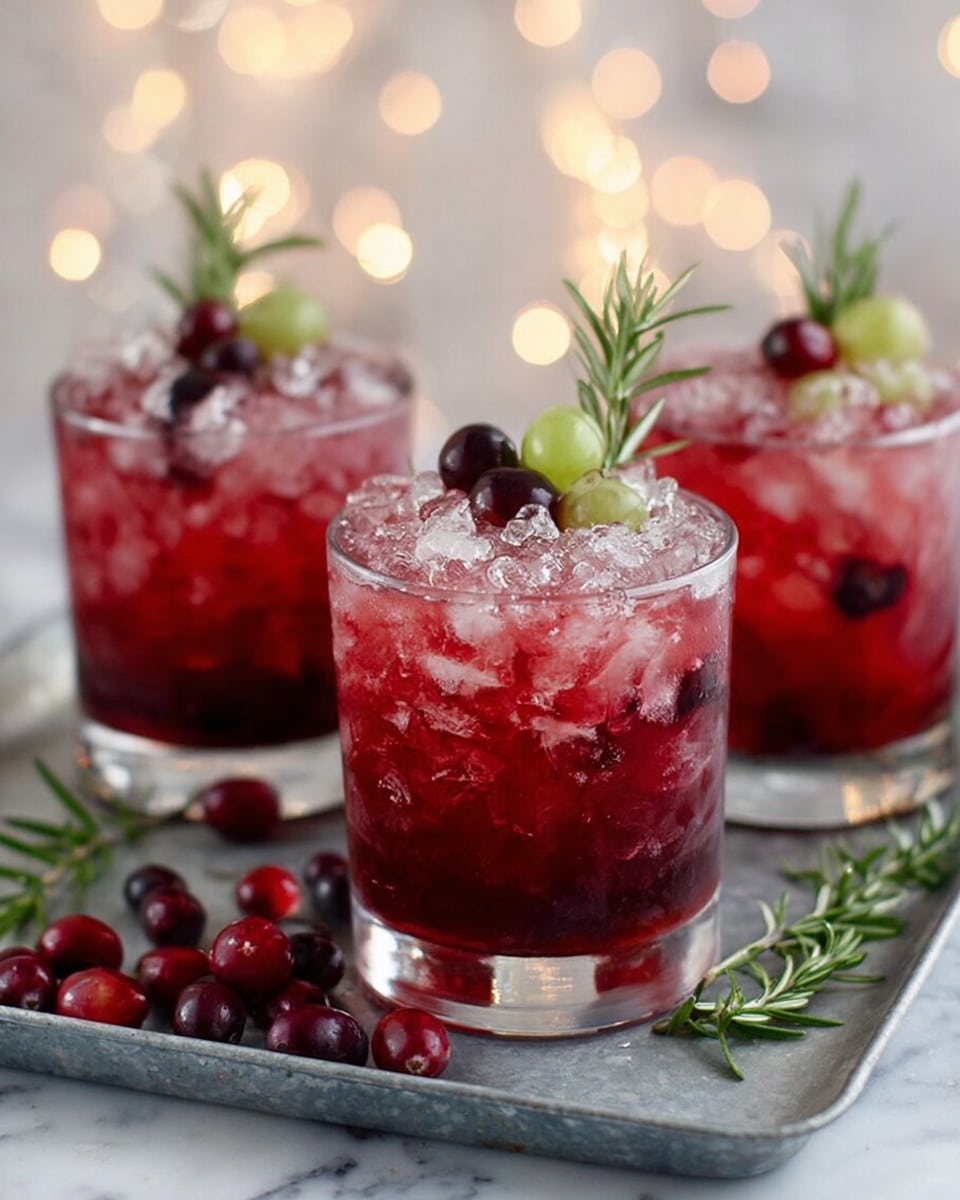Three clear short glasses filled with a deep red drink, layered with crushed ice that looks light pink near the top. Each glass is garnished with a small green rosemary sprig, dark red cranberries, and one pale green grape, all sitting on top. The glasses are placed on a gray metal tray with a few sprigs of green rosemary and dark red cranberries laying in front. The background is a soft white marbled texture with blurred warm lights glowing softly. Photo taken with an iphone --ar 4:5 --v 7