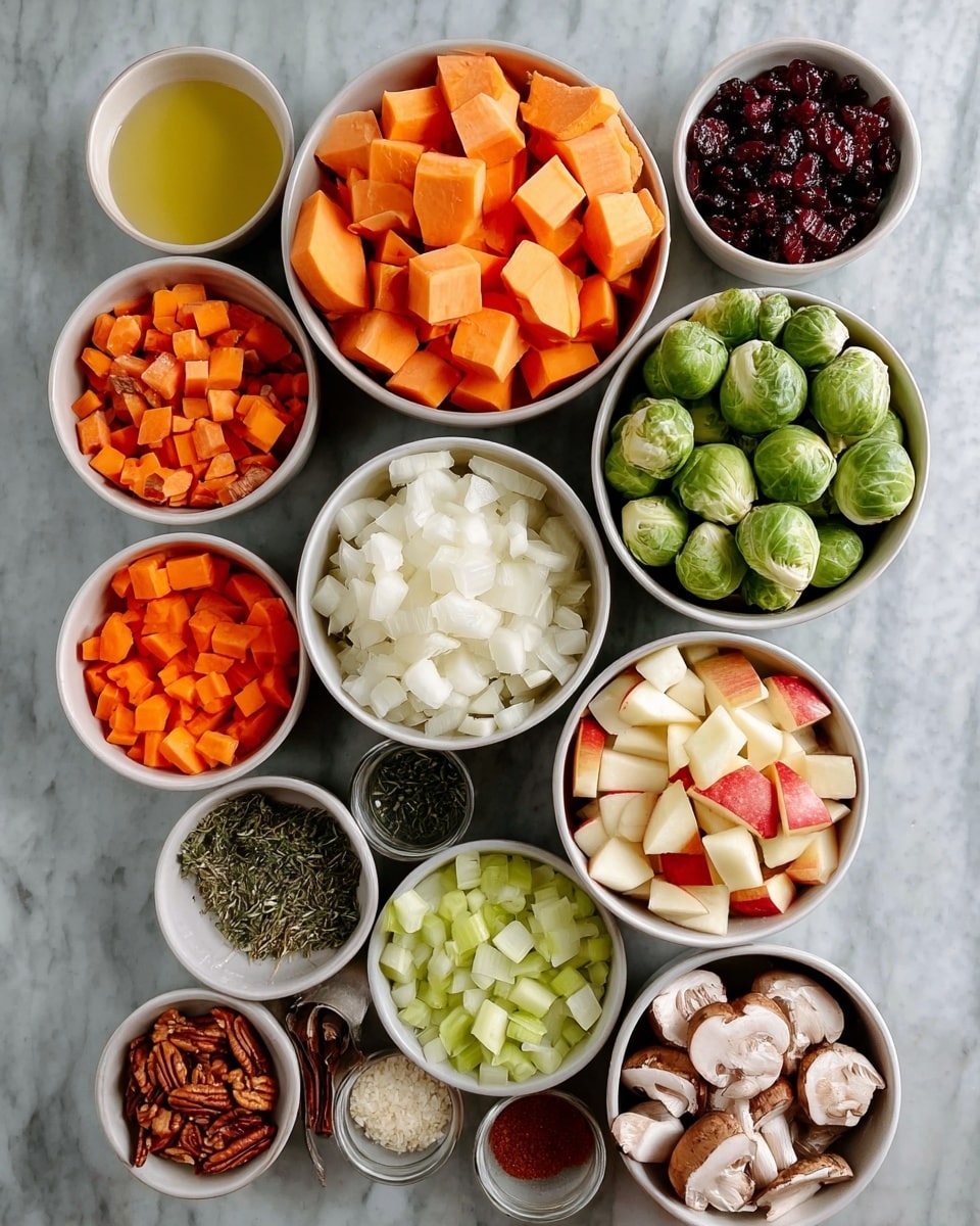 A collection of eleven white bowls arranged on a white marbled surface, each filled with different chopped ingredients. In the center is a bowl with large chunks of orange sweet potatoes. Below it, a bowl holds halved green Brussels sprouts, and to the right, a bowl contains chopped red and white apple pieces. Next to the apples, a bowl is filled with white chopped onions. Below the onions, a bowl has sliced brown mushrooms. Below the mushrooms, diced pale green celery fills another bowl. To the left of the sweet potatoes, a bowl contains sliced orange carrots. Above the carrots, a small bowl holds a light yellow liquid, likely oil. At the top left, a small bowl with minced garlic sits next to a bowl of dark red dried cranberries. At the upper right, two small bowls hold dried herbs and chopped pecans, with one bowl containing a reddish-brown spice powder. photo taken with an iphone --ar 4:5 --v 7