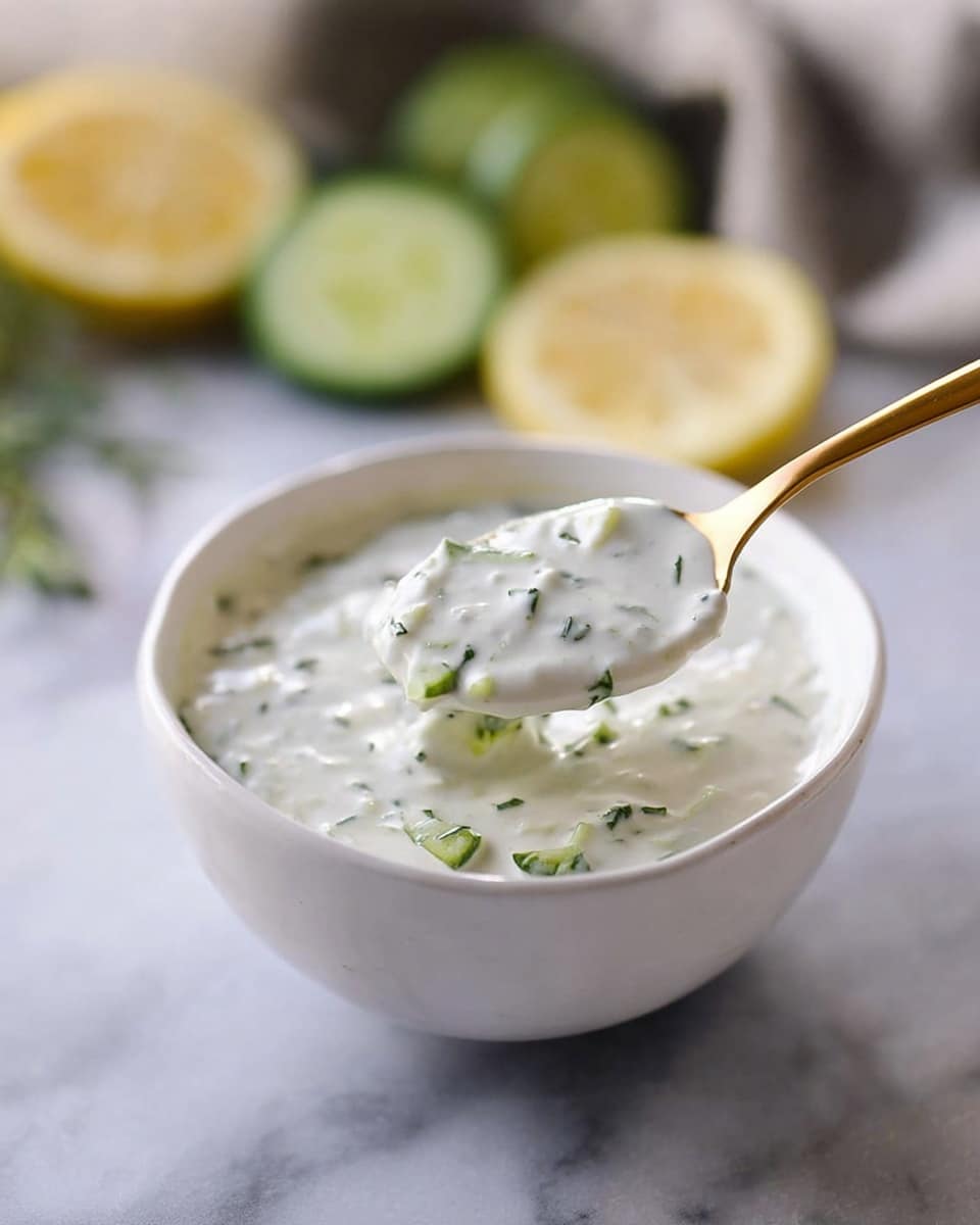 A white bowl filled with a creamy white sauce mixed with small green herb pieces and some cucumber bits floating in it. A gold spoon holds a scoop of the sauce, showing the thick texture and the green herb bits inside. The bowl sits on a white marbled surface with blurred lemon halves and cucumber slices in the background. The image has a soft and clean look with natural lighting. photo taken with an iphone --ar 4:5 --v 7
