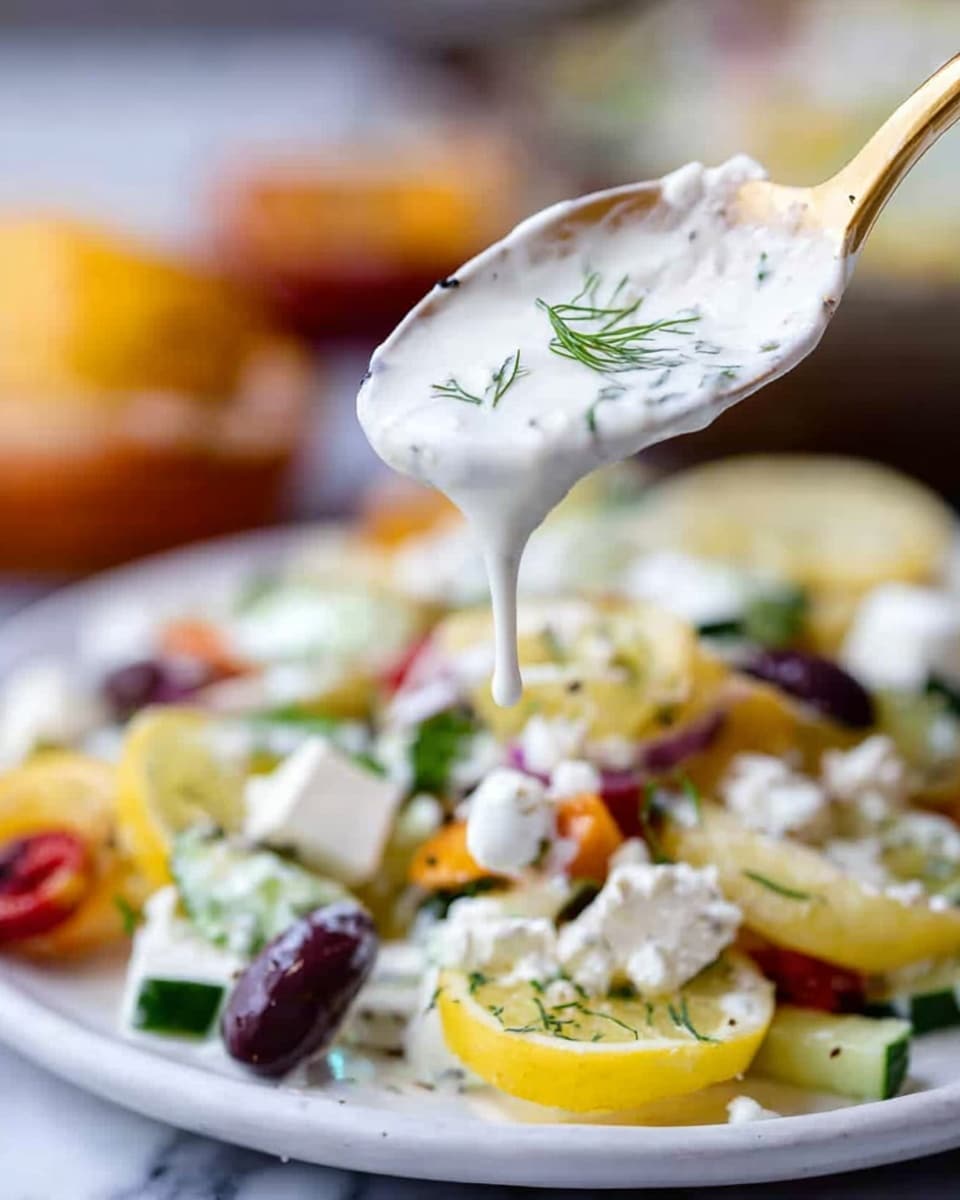 A close-up image shows a gold and white spoon holding thick white yogurt sauce with small green dill pieces, with a drop of sauce falling from the spoon. Below, there is a white plate holding a colorful salad made of round slices of yellow lemon, small white cubes of cheese, dark purple olives, green herbs, and scattered red and orange vegetable pieces. The background features a blurred white marbled surface and blurred items in warm colors. photo taken with an iphone --ar 4:5 --v 7