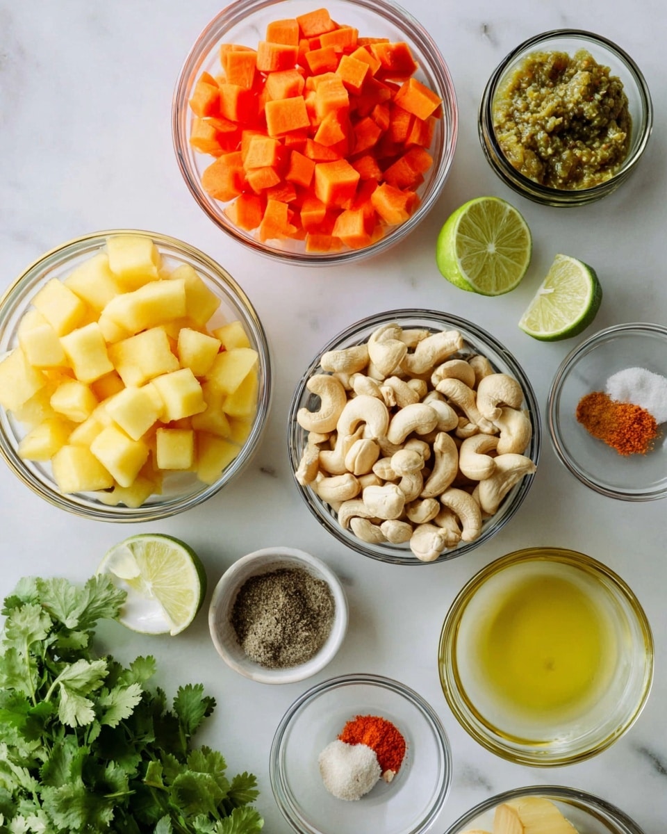 The image shows a close-up of a white rectangular dish filled with colorful snacks arranged around a small glass bowl of creamy orange dip topped with green herbs in the center. On the right side, there are fresh cucumber sticks and red radish slices standing upright, while on the top side, small orange and red mini bell peppers are placed with their tops facing up. Piled on the left and right sides of the dip are black and yellow corn tortilla chips, adding a crunchy texture. There are also lime wedges placed in the bottom right corner of the dish. The whole arrangement sits on a white marbled surface, with one lime half and a woman’s hand holding a glass cup visible at the edges. Photo taken with an iphone --ar 4:5 --v 7
