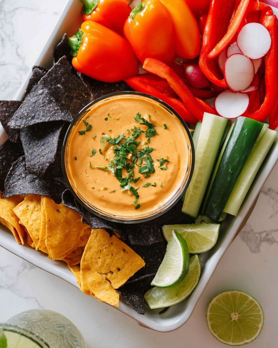 A white square bowl filled with a creamy light orange dip topped with green herbs sits in the center. Surrounding the dip are yellow and dark blue tortilla chips, some resting on the dip's edges. Bright red chili peppers with green stems are on the left, and lime wedges are on the right, all placed on a white marbled surface. One dark blue chip is dipped slightly into the sauce. Photo taken with an iphone --ar 4:5 --v 7