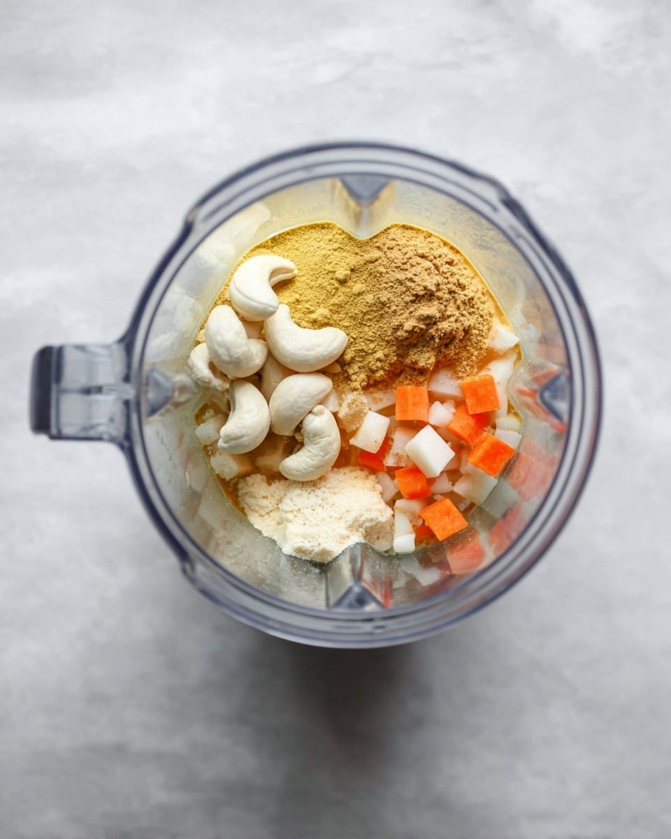 A clear blender jar is shown from above, containing several ingredients layered together. On the left side, a group of white, smooth cashew nuts sit slightly piled. Next to the cashews is a powdery yellow layer. To the right of this powder, there are small cubes of white and orange vegetables mixed closely. Above the vegetables, a light tan powder is sprinkled. The ingredients rest on a thin layer of liquid at the bottom of the blender. The background is a white marbled surface. Photo taken with an iphone --ar 4:5 --v 7