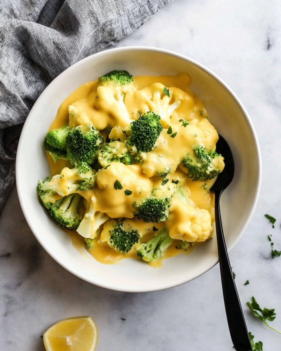 A white bowl filled with one layer of bright green broccoli florets and white cauliflower pieces, sitting on a white marbled surface. On top, there is a thick, smooth layer of yellow-orange cheese sauce that covers most of the broccoli and cauliflower, with some sauce dripping down the sides. The cheese sauce is sprinkled with small black pepper specks. Next to the bowl, there is a separate white bowl with more of the same cheese sauce and a spoon inside. The scene includes a halved lemon and a gray cloth napkin nearby. photo taken with an iphone --ar 4:5 --v 7