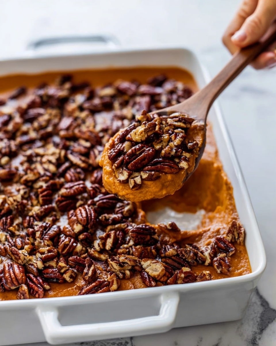A close-up view of a rich pecan topping layered on a creamy caramel-colored base, where large, glossy pecans and small chopped nuts are densely spread across the surface. Mixed in are small chunks of crispy reddish-brown bacon adding texture and color contrast. The nuts and bacon appear shiny with a sticky glaze holding them together tightly, giving a crunchy and sticky look. The background is a white marbled texture. photo taken with an iphone --ar 4:5 --v 7