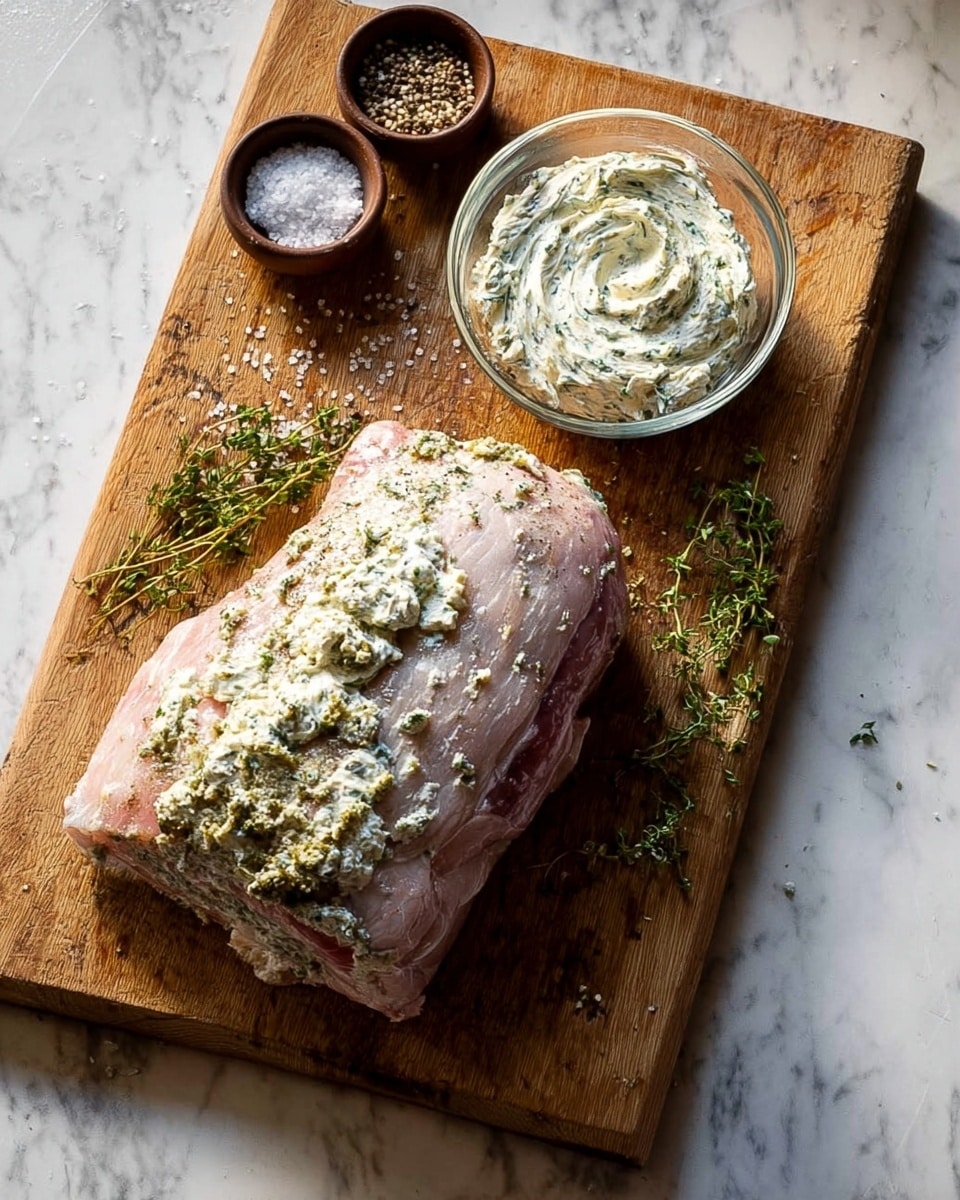 A raw piece of meat covered with a creamy herb mixture spread unevenly all over its pale pink surface sits on a wooden cutting board. To the upper right of the meat, there is a small clear glass bowl filled with the same creamy herb spread, showing swirled textures of white mixed with green herbs. Two small brown bowls with salt and pepper are placed on the upper left corner of the board. Small sprigs of fresh herbs are scattered on the board near the meat. The wooden cutting board is set on a white marbled surface. The scene is lit with natural light, highlighting the textures and colors. Photo taken with an iphone --ar 4:5 --v 7