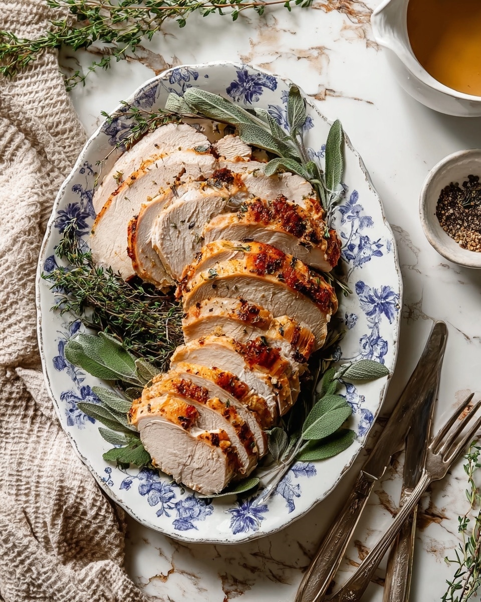 A white plate with blue floral patterns holds several layers of sliced roasted turkey arranged in a slight overlapping pattern. The turkey slices show a mix of white and golden brown textures, with the skin browned and lightly seasoned. Underneath and around the turkey are fresh green herb sprigs, including rosemary and sage, which add a natural touch to the presentation. A large serving fork rests on the edge of the plate, and the plate is placed on a beige cloth over a white marbled surface. In the top right corner, a small bowl with ground black pepper is visible. photo taken with an iphone --ar 4:5 --v 7