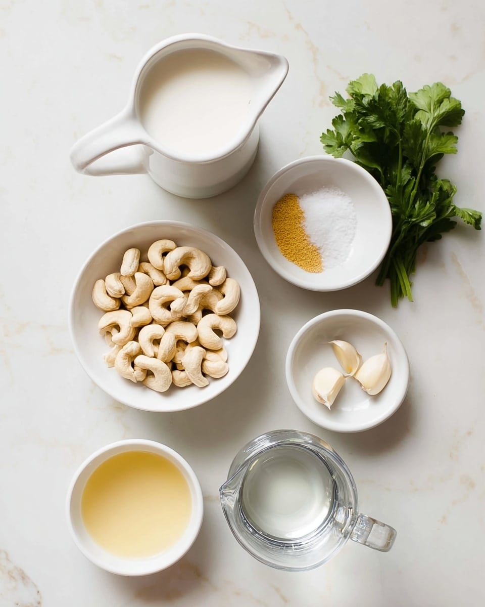 A top view of six white bowls and pitchers placed on a white marbled surface. The largest pitcher holds white liquid, likely plant milk, positioned in the top left. Below it is a white bowl filled with light beige cashews. To the right of the cashews, there is a smaller white bowl with yellow powder and white salt side by side. Beside this, another white bowl holds two peeled garlic cloves. At the bottom center, a smaller bowl contains a light yellow liquid, and next to it on the right, a pitcher holds clear water. Some green leafy herbs rest at the top right corner. Photo taken with an iphone --ar 4:5 --v 7