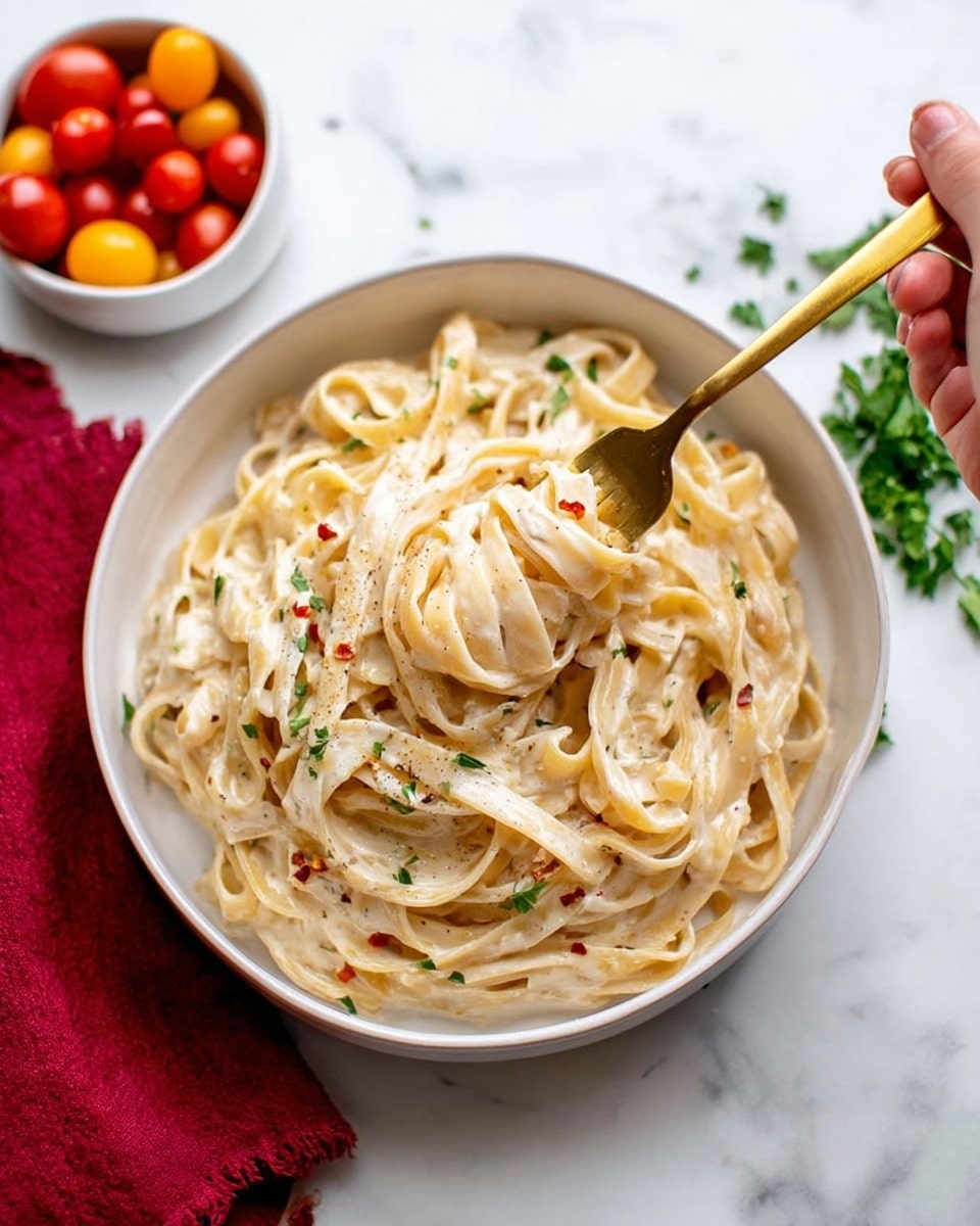 A white bowl filled with fettuccine noodles coated in a creamy, smooth white sauce, with light sprinklings of green herbs and red chili flakes scattered on top, creating small color contrasts; the noodles are thick and twisted in the bowl. To the left, there is a clear glass jar with extra creamy sauce and a metal spoon resting inside it. At the top right, a small white bowl contains red and orange cherry tomatoes with a green parsley leaf. The whole scene is set on a white marbled background with some green herb bits scattered around. photo taken with an iphone --ar 4:5 --v 7