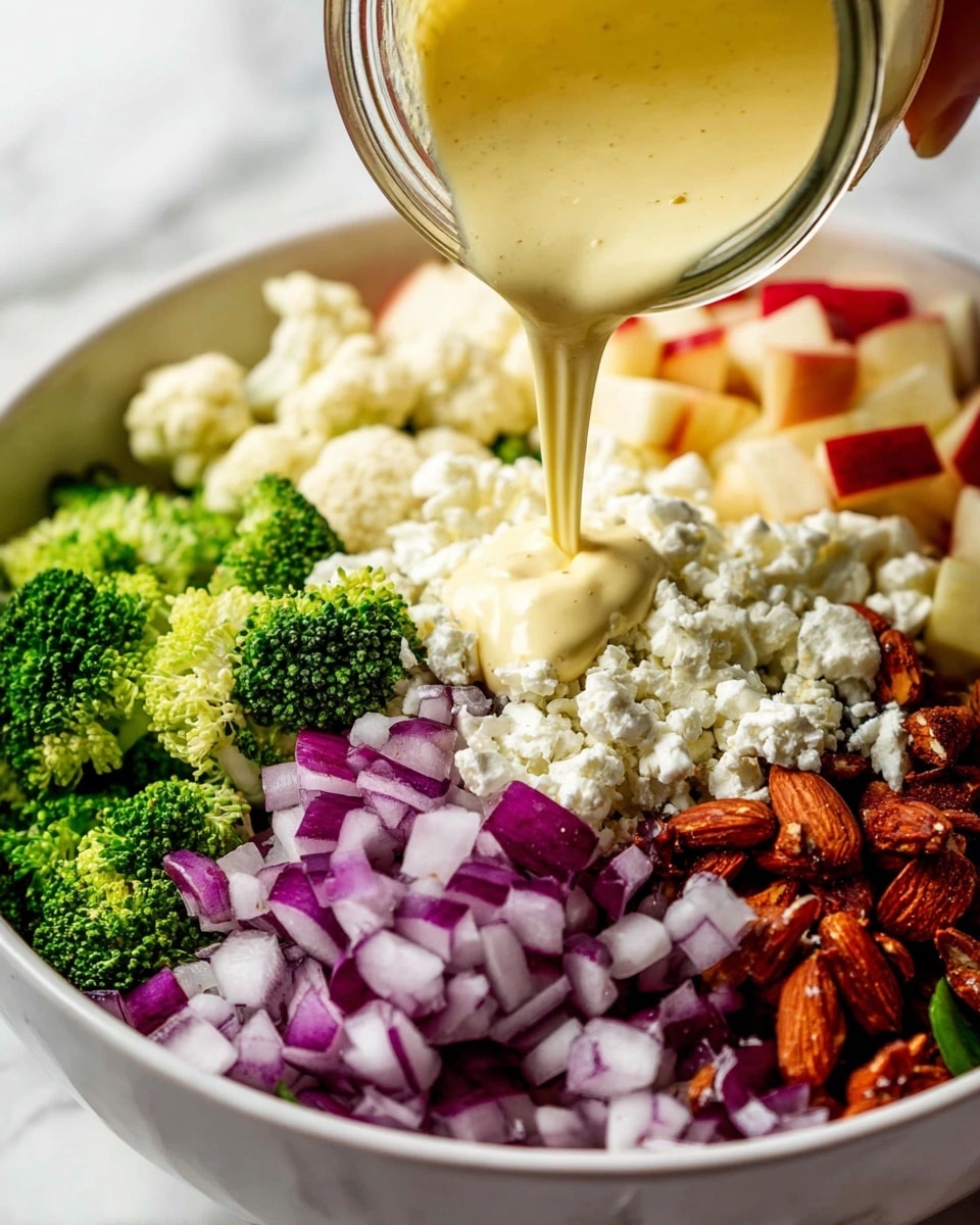The image shows a white bowl filled with many colorful salad ingredients placed on a white marbled surface. The salad has several layers including chopped red onions in purple and white, roasted almonds in brown, small green broccoli florets, white cauliflower pieces, and diced red apples with white inside and red skin. In the middle layer, there is a crumbly white cheese or cottage cheese. A creamy yellow dressing is being poured over the salad from a jar held by a woman's hand. The photo is close-up and bright, showing the textures and colors clearly photo taken with an iphone --ar 4:5 --v 7
