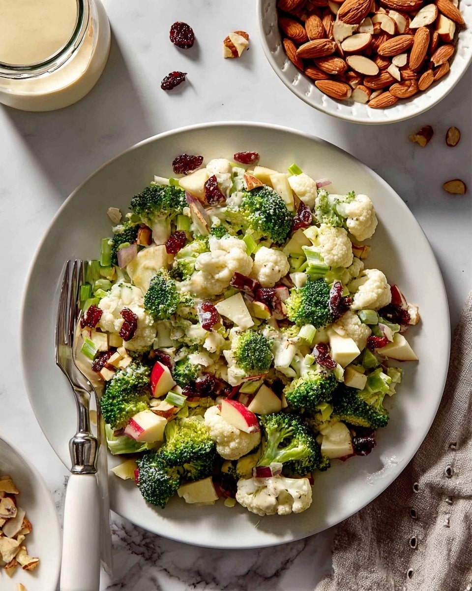 The image shows a white plate filled with a colorful broccoli salad with several layers of ingredients. The base layer consists of bright green broccoli florets and white cauliflower pieces, mixed with chunks of red apple with skin on. Scattered throughout are small white pieces of cheese and chopped almonds in light brown tones. Dried cranberries add small dark red spots across the salad, while thin slices of green onion are sprinkled on top. To the left side of the plate, a metal fork with a white handle rests partly inside the salad. Nearby, there is a white small bowl filled with whole and chopped almonds placed on a white marbled surface; next to it is a jar of creamy dressing. The photo is bright with natural light, highlighting the fresh textures. photo taken with an iphone --ar 4:5 --v 7