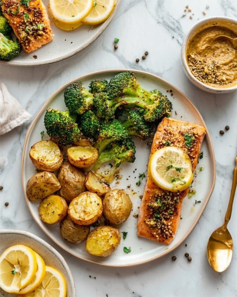Sheet Pan Honey Mustard Salmon with Roasted Potatoes and Broccoli Recipe