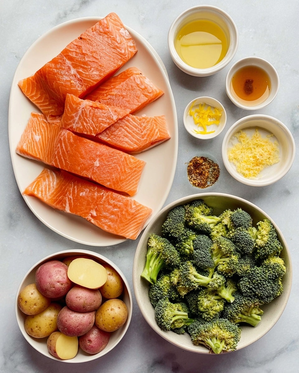 The image shows a white oval plate at the top with four thick slices of bright orange salmon with visible light lines of fat running through them; below to the right, there is a white bowl filled with many small green broccoli florets; below to the left, another white bowl is filled with halved small red potatoes showing yellow insides; around these larger dishes, there are six small white bowls containing different ingredients including a yellow liquid, green dried herbs, grainy brown mustard, finely minced white garlic, bright yellow lemon zest, and an amber-colored syrup or honey. All items are placed on a white marbled surface photo taken with an iphone --ar 4:5 --v 7