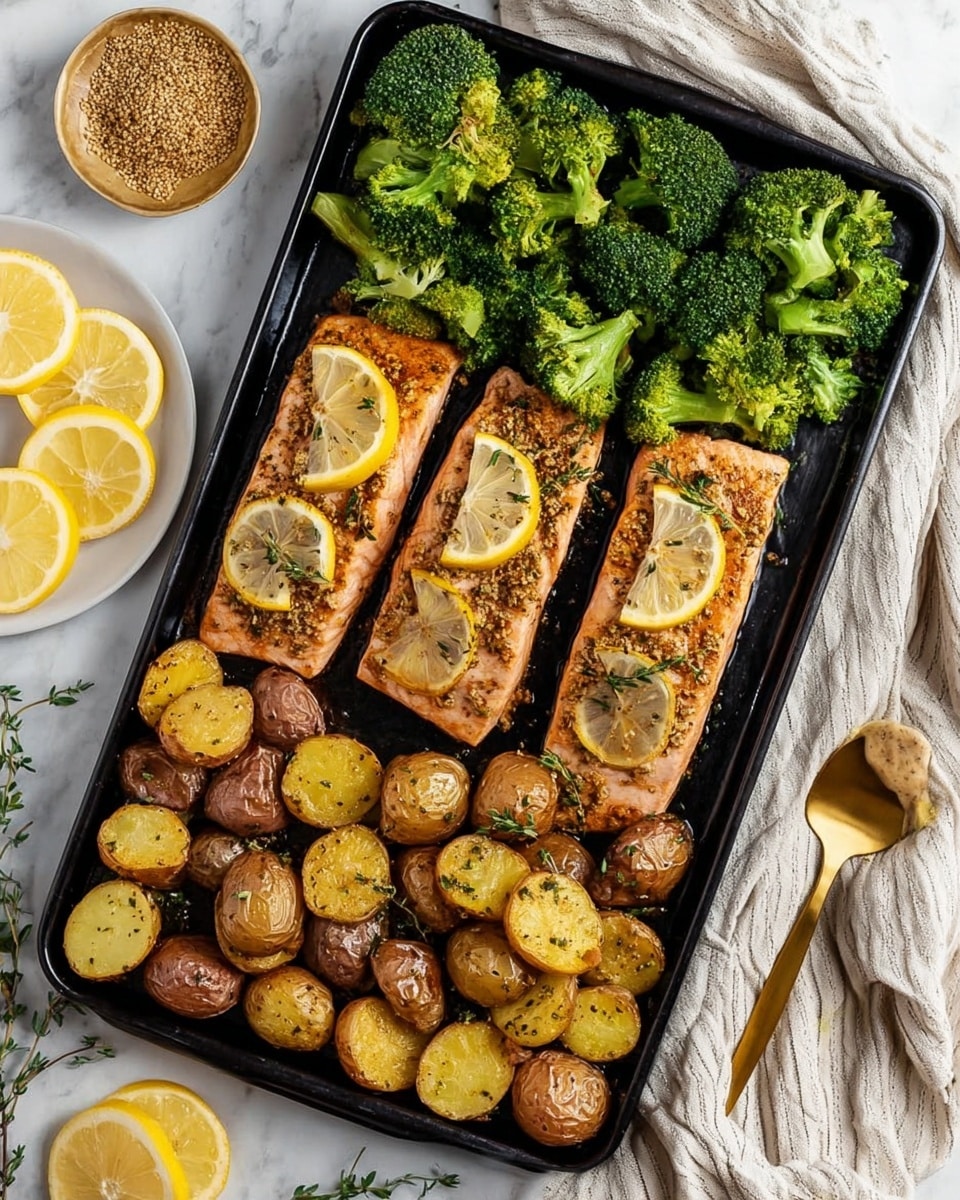 The dish shows a white plate with three main parts: on the left, several golden-brown roasted potato halves with a crispy texture, scattered lightly with some green herbs; in the middle, bright green cooked broccoli florets with a firm texture; on the right, a golden-orange piece of cooked salmon topped with small whole mustard seeds and green herbs, garnished with a lemon slice that has a light sprinkle of black pepper. The background is a white marbled surface with some lemon wedges on a white plate and a bowl of whole grain mustard with a gold spoon nearby. photo taken with an iphone --ar 4:5 --v 7