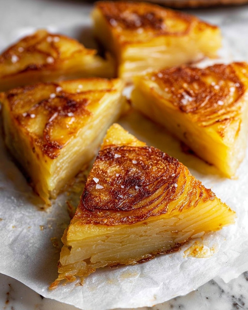 The image shows five triangular slices of a golden brown layered potato dish arranged on white parchment paper over a white marbled surface. Each slice has several thin layers of potatoes with a crispy and slightly shiny outer crust, showing a textured and caramelized surface with light sprinklings of salt. The inside layers are tender and slightly translucent with a soft yellow color, creating a contrast with the darker, more browned edges. Photo taken with an iphone --ar 4:5 --v 7