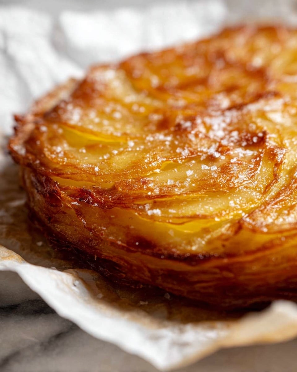 A round tart with a golden-brown caramelized top showing thinly sliced apple arranged in overlapping rows in a circular pattern from the outer edge to the center. The crust is a darker golden color, forming a neat border around the apple layer. The tart sits on crumpled white parchment paper placed on a round metal tray, with a knife with a dark handle on the right side. Some salt flakes are scattered lightly on the apple surface. The background is a white marbled texture. photo taken with an iphone --ar 4:5 --v 7