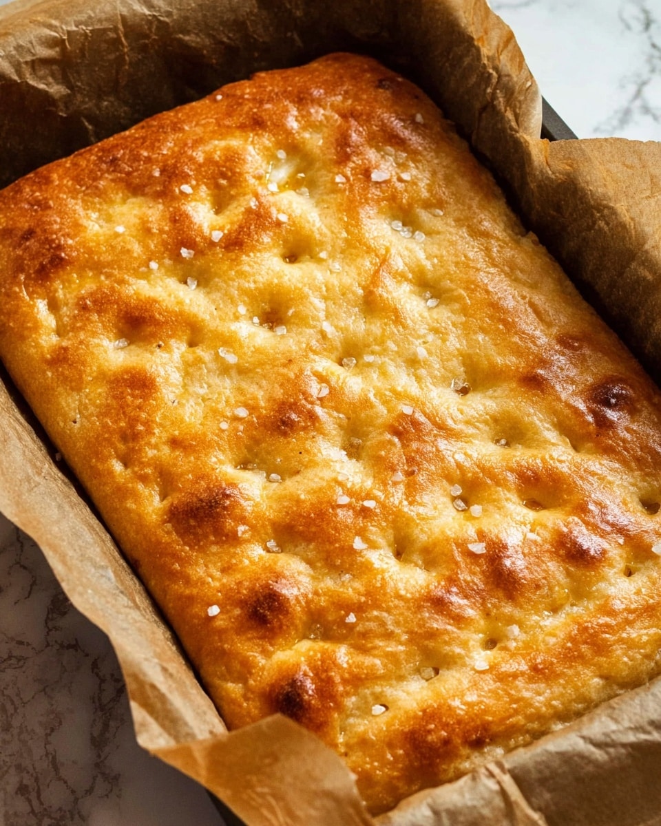 A golden-brown rectangular focaccia bread with a slightly uneven surface and small dimples scattered across the top layer, sprinkled lightly with coarse salt crystals. The bread looks soft and fluffy with a shiny, crisp crust that has small browned spots from baking. It is placed on a crinkled sheet of brown parchment paper inside a baking pan, all set against a white marbled textured surface. Photo taken with an iphone --ar 4:5 --v 7