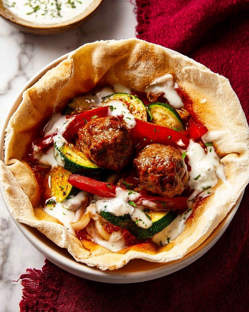 A white bowl contains soft, slightly browned pita bread forming an open cup shape. Inside, there are three medium brown meatballs with a shiny, juicy texture, surrounded by cooked, thick slices of green zucchini and red bell pepper, all glistening in a light sauce. White sauce with a creamy texture is drizzled over the top, and small green herb bits are sprinkled for garnish. The bowl is set on a surface with a white marbled texture, and a deep red cloth is partially visible in the background. Photo taken with an iphone --ar 4:5 --v 7
