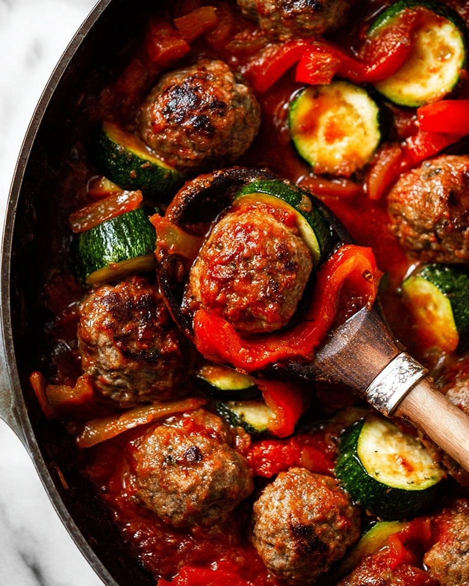 The image shows a round black cast iron skillet filled with a colorful arranged dish. The dish has layers of browned meat patties, green zucchini slices, and bright red pepper pieces. These layers are placed in a repeating pattern around the skillet, creating a spiral effect. The meat patties are small and crispy on the outside, the zucchini slices are thick and soft-looking, and the red peppers add vibrant color with their slightly wrinkled texture. The skillet sits on a white marbled surface with a red cloth partially underneath it. The photo taken with an iphone --ar 4:5 --v 7