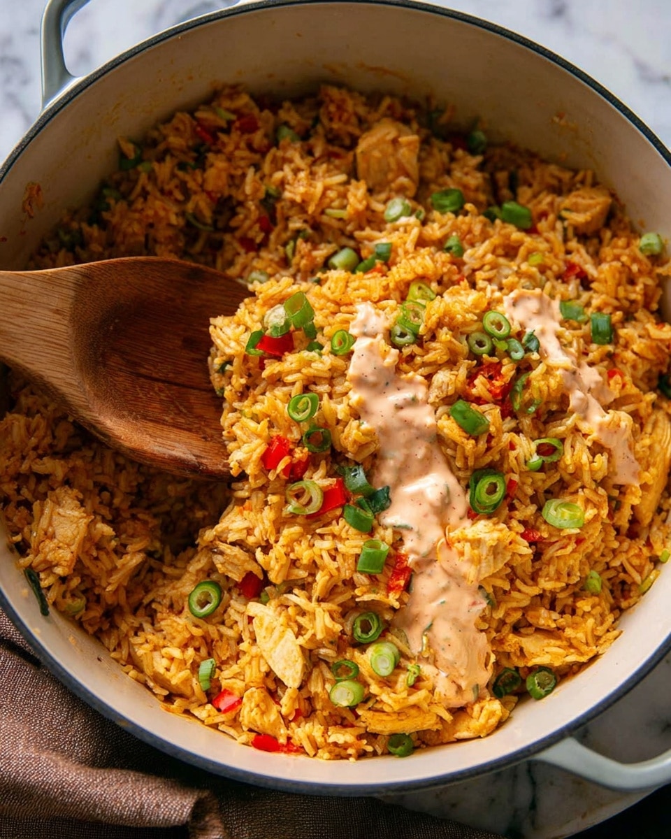 A large white pot filled with yellow rice mixed with small pieces of cooked chicken, red bell pepper, and green onions. The rice looks fluffy and evenly coated with spices, creating a warm orange-yellow color. On top, there is a light pinkish creamy sauce drizzled over the rice, adding moisture and contrast. The red bell pepper pieces and green onion slices are scattered through the rice, adding texture and pops of color. A wooden spoon is lifting a scoop of the rice, showing the layers of rice, chicken, and sauce inside the pot. The pot is placed on a white marbled surface with a folded brown cloth beside it. photo taken with an iphone --ar 4:5 --v 7