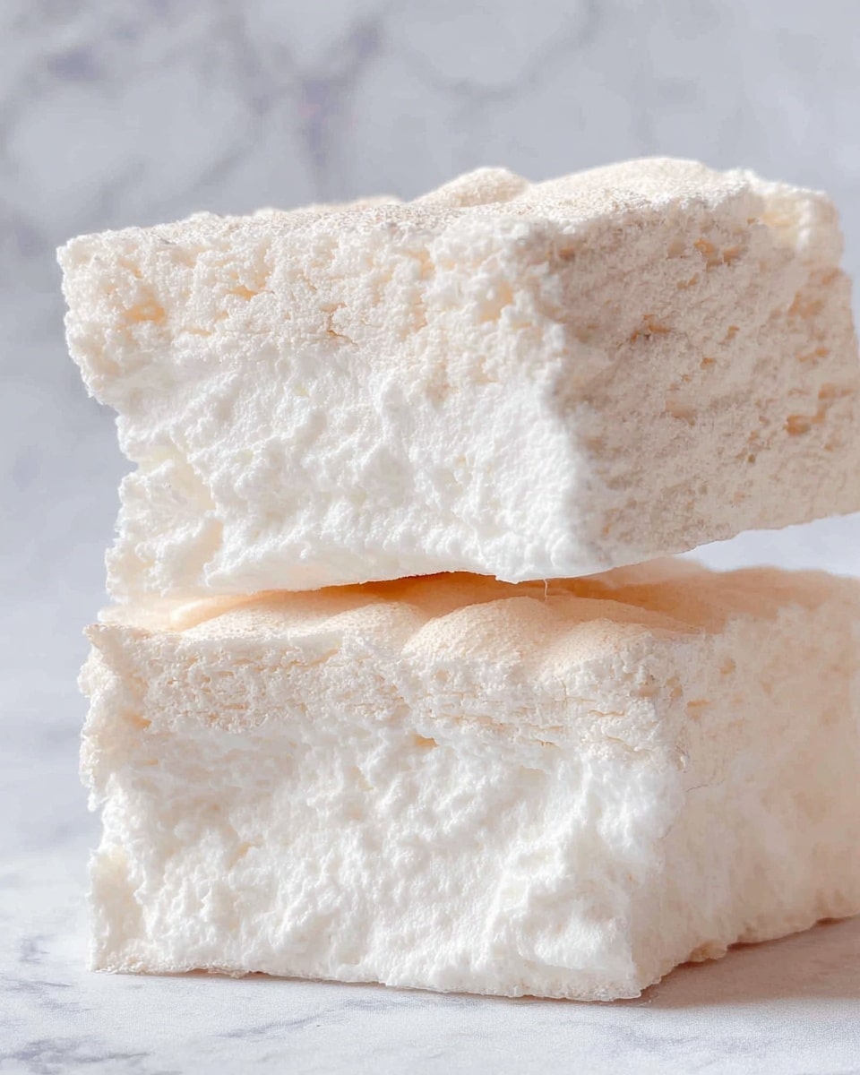 The image shows two pieces of a white marshmallow-like dessert stacked on top of each other against a white marbled texture background. Each piece has a rough, slightly bumpy outer layer with a cream-white color and a soft, fluffy inside that is pure white and airy. The outer edges are cracked and crumbly, contrasting with the smooth, light interior. The lighting highlights the texture and softness of the dessert. photo taken with an iphone --ar 4:5 --v 7