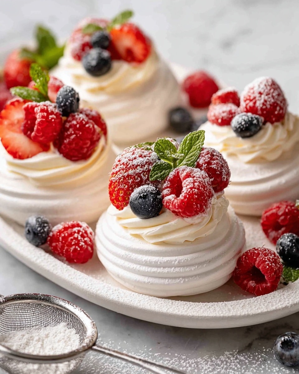 The image shows several small white meringue nests with swirled texture, arranged on a round white plate on a white marbled surface. Each meringue has a middle layer of smooth, white cream, topped with a colorful mix of diced yellow mango and bright red strawberries. Passion fruit seeds and yellow juice drizzle over the fruit and cream, adding a glossy texture. A halved passion fruit with black seeds and yellow pulp rests on the plate in front of the meringues. Fresh green mint leaves are placed around the plate for decoration. Photo taken with an iphone --ar 4:5 --v 7