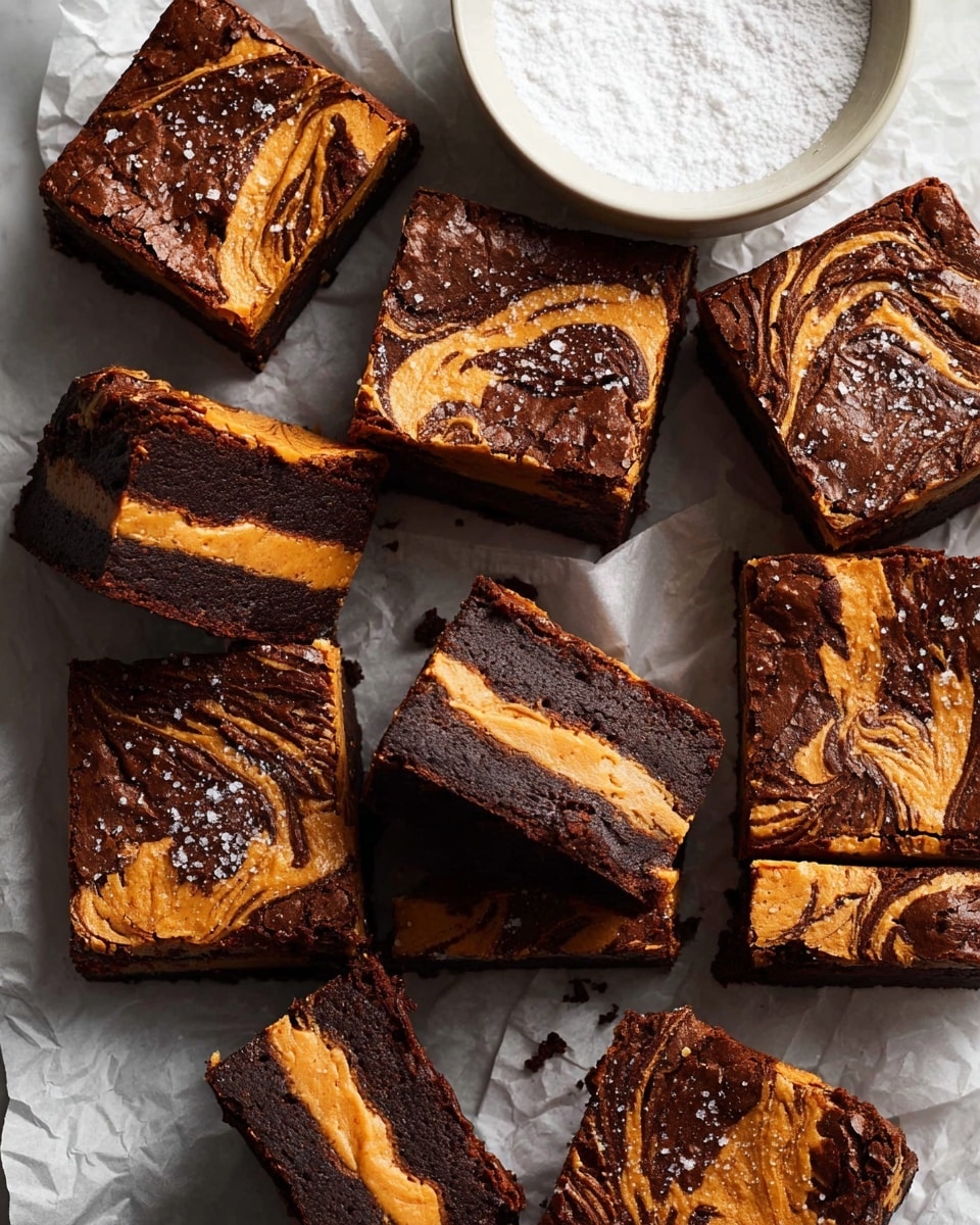 The image shows several thick square brownies stacked and arranged closely. Each brownie has three distinct layers: a dark brown soft cake layer at the bottom, a thick creamy orange peanut butter layer in the middle, and another dark brown soft cake layer on top. The top layer has a marbled swirl of dark brown and light orange peanut butter, with a few grains of coarse salt sprinkled over it. The brownies have a rich texture and moist look. They are placed on a white marbled surface. Photo taken with an iphone --ar 4:5 --v 7
