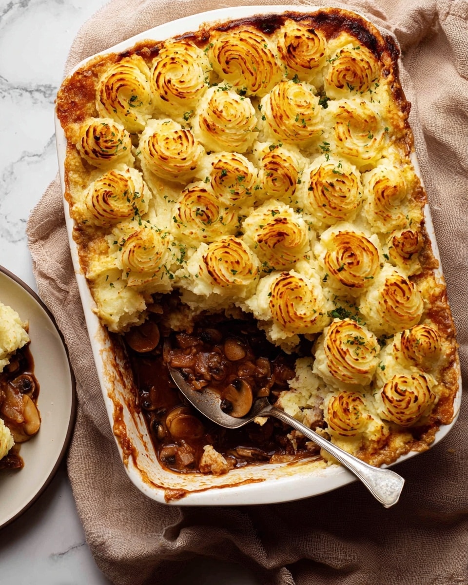A close-up photo of a white rectangular baking dish filled with a golden cottage pie topped with piped swirls of mashed potatoes in even rows. The mashed potato swirls have lightly browned, crispy peaks with a smooth creamy texture and tiny green herb sprinkles on some points. The edge of the dish shows the rich, dark brown filling of cooked meat and vegetables just visible beneath the potatoes. The dish sits on a white marbled surface with a black background. photo taken with an iphone --ar 4:5 --v 7
