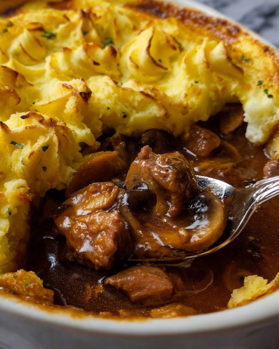 A white rectangular baking dish holds a shepherd’s pie with a thick top layer of golden-brown mashed potato swirls, piped in neat round shapes with slightly browned edges and sprinkled with green herbs. Underneath, a rich, dark brown stew layer with visible chunks of meat and sliced mushrooms peeks out from a missing corner, with a large silver spoon resting inside the dish scooping some of the filling. The dish sits on a soft beige cloth, and a portion is served on a white plate partially visible on the left side. The surface beneath the cloth is a white marbled texture. Photo taken with an iphone --ar 4:5 --v 7