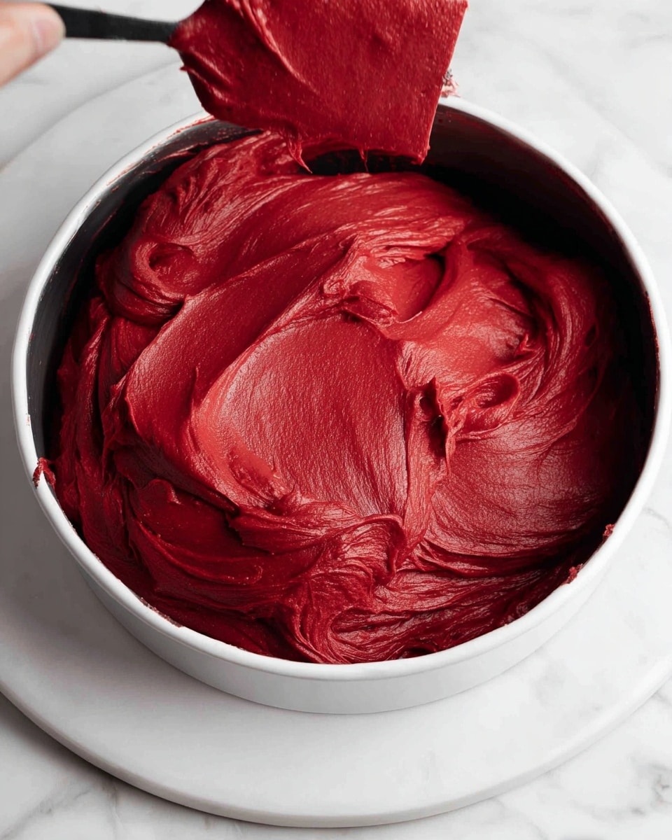 The image shows a close-up of a red velvet cheesecake slice with three visible layers. The bottom layer is a dark brown, crumbly crust, almost black in color. The middle layer is thick and smooth, bright red and creamy in texture. On top, there is a thick layer of white whipped cream, swirled and soft, sprinkled with thin, dark brown chocolate shavings scattered over it. The cheesecake slices rest on a wooden board with some chocolate crumbs around them, and the background is a white marbled texture. photo taken with an iphone --ar 4:5 --v 7