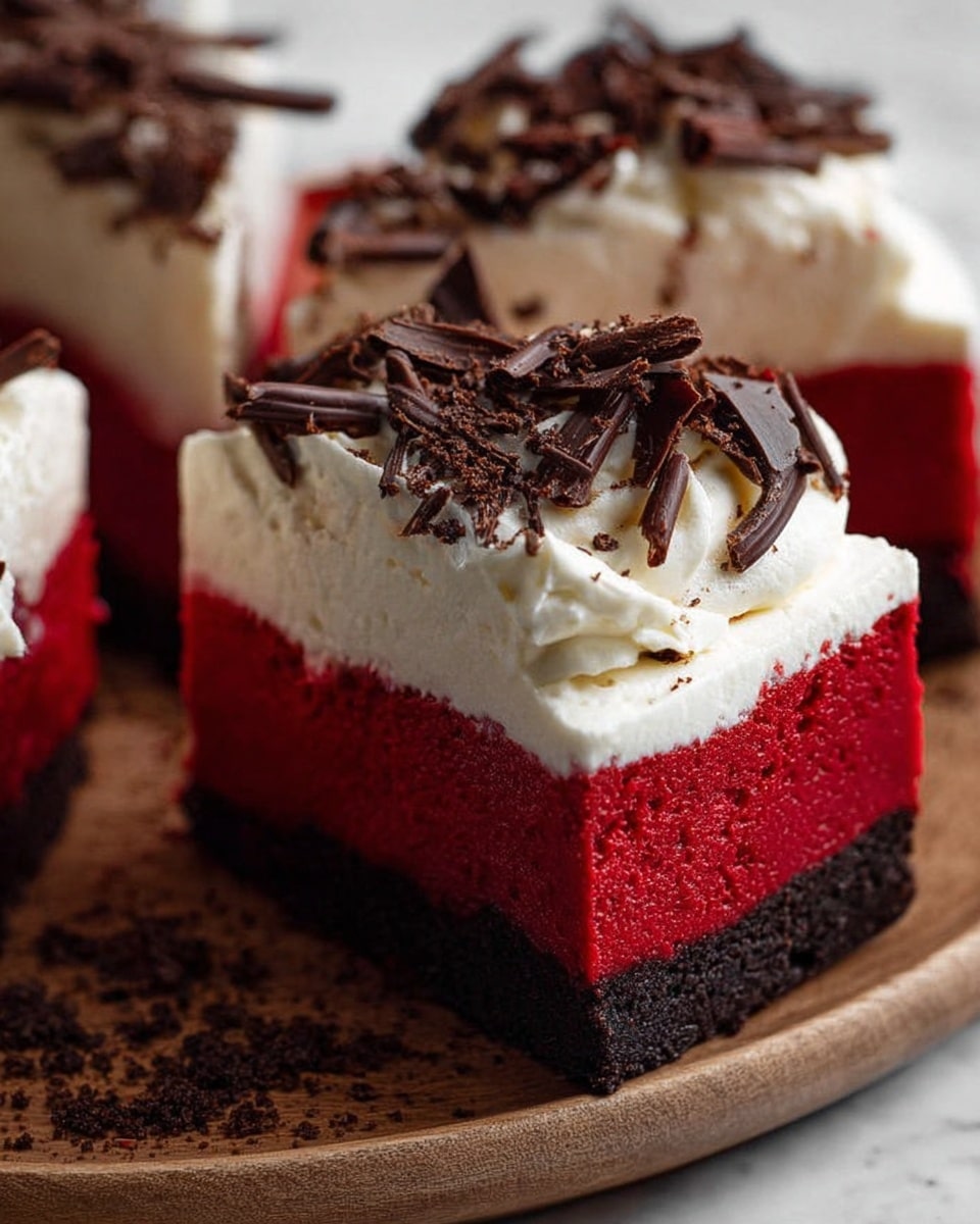 The dessert is a three-layer round cake placed on a wooden stand with a white marbled surface beneath. The bottom layer is dark brown and crumbly, resembling a cookie or chocolate crust. Above that is a thick, bright red middle layer with a smooth, glossy texture. The top layer is a thick spread of white whipped cream, unevenly swirled with soft peaks. Shavings of dark chocolate are sprinkled lightly over the whipped cream, adding texture and contrast. A white cloth is draped loosely near the base of the stand, and the image is softly lit with a muted, neutral background. Photo taken with an iphone --ar 4:5 --v 7