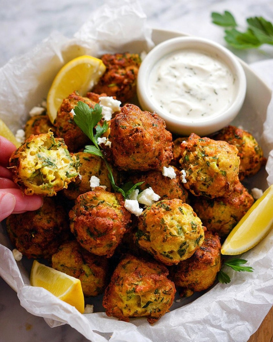 Small golden-brown fritters with green herb bits are scattered on a white marbled surface. Each fritter has a crispy texture with some white crumbly cheese sprinkled on top. Some fresh green leaves are placed around the fritters for decoration. There are also a few yellow lemon wedges on the side, adding a bright contrast. One fritter is split open, showing a soft, moist inside with white chunks mixed in. Photo taken with an iphone --ar 4:5 --v 7