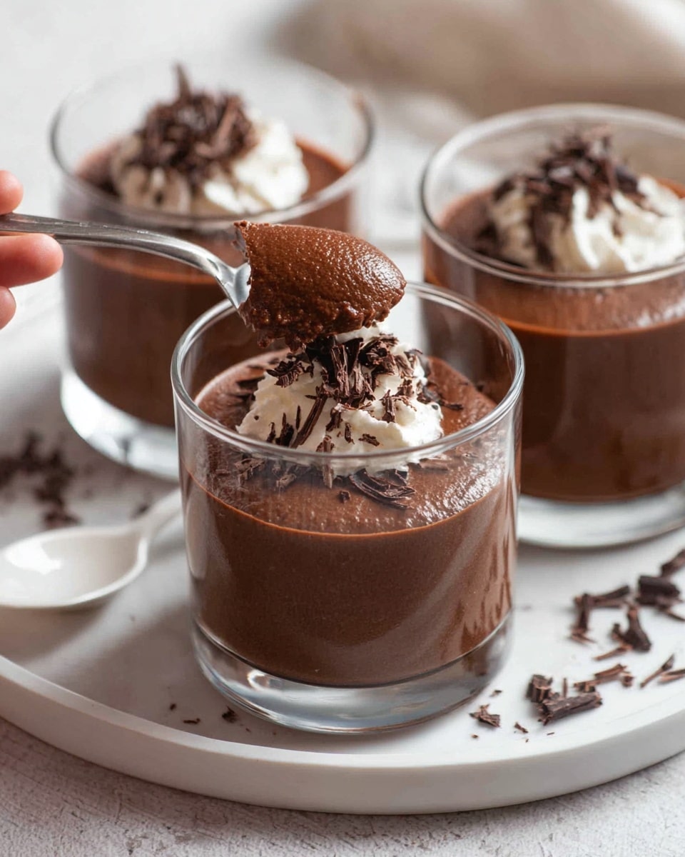 A clear glass filled with three layers, the bottom layer is smooth dark chocolate mousse with a light and airy texture, the middle layer is similar dark chocolate mousse but more porous and sponge-like, and the top layer is creamy white whipped cream with a small dollop on one side, sprinkled with thin, dark chocolate shavings. The glass is placed on a white marbled surface, with another similar glass and some whipped cream spoons visible around. The overall look is rich and soft with fine texture contrasts, photo taken with an iphone --ar 4:5 --v 7