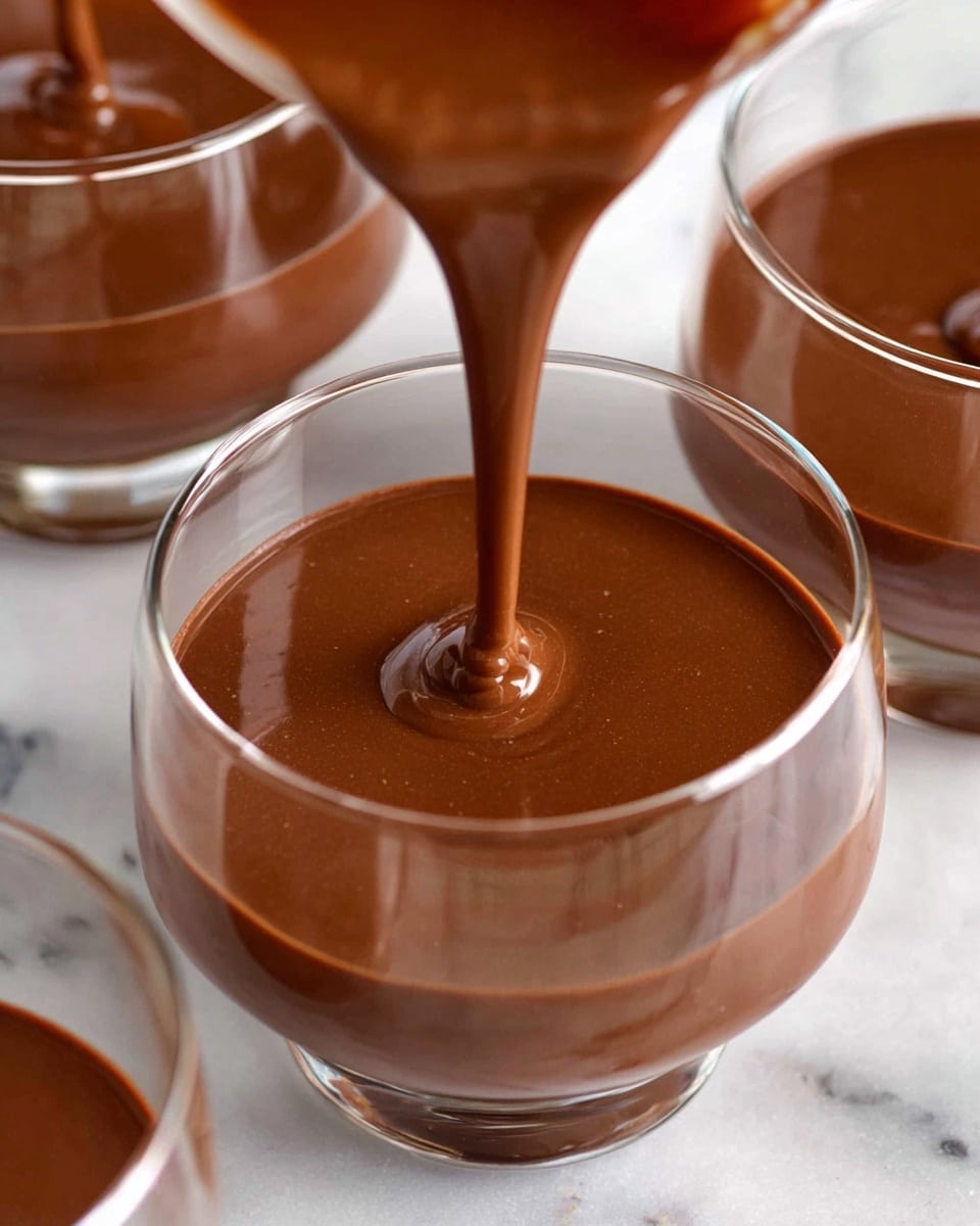 A clear glass bowl holds two layers: the bottom and main layer is thick, smooth dark chocolate mousse with a rich, shiny texture, and on top sits a fluffy white cream layer sprinkled with thin, dark chocolate shavings. A golden spoon scoops into the chocolate mousse, showing its dense, creamy consistency. The background has a soft pink cloth, and the photo is taken up close, highlighting the contrast between the dark chocolate and white cream. Photo taken with an iphone --ar 4:5 --v 7