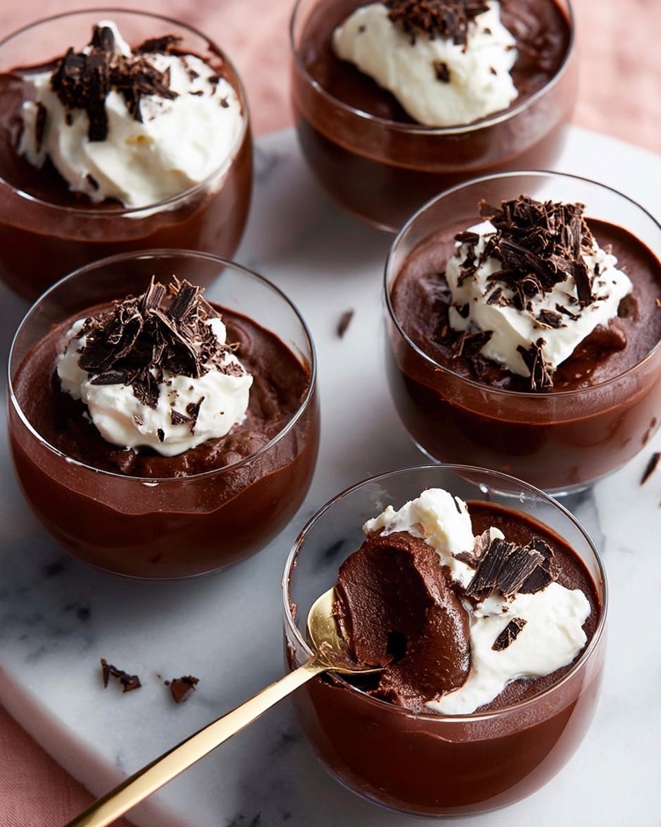 A close-up view of a clear glass cup filled with thick, smooth chocolate sauce being poured from above into the center of the cup, creating a glossy surface with a rich brown color. There are three more similar clear glass cups partially visible in the background, all set on a white marbled surface. The liquid chocolate has a shiny and creamy texture, filling the glass cups almost to the top. The focus is on the central glass and the flowing chocolate. photo taken with an iphone --ar 4:5 --v 7