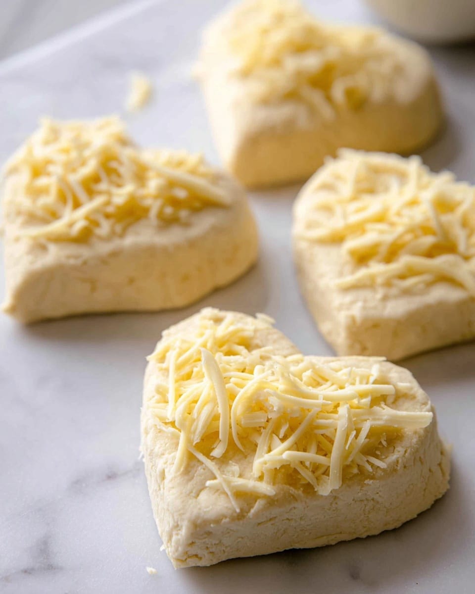 The image shows four heart-shaped dough pieces on a white marbled surface, each topped with a layer of shredded light yellow cheese. The dough looks soft and slightly crumbly with a pale cream color, and the cheese strands are unevenly spread on the top of each piece. The shapes are close to each other, and the focus is on the front-right piece with others slightly blurred in the background. Photo taken with an iphone --ar 4:5 --v 7