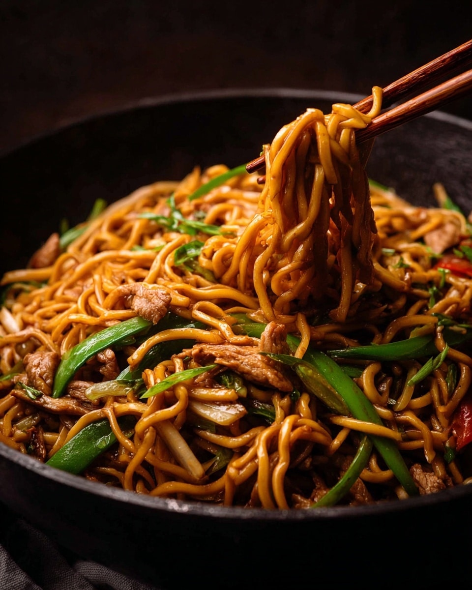 The image shows four small black bowls filled with cooked noodles mixed with pieces of light brown meat and bright green vegetables scattered throughout; the noodles appear shiny with sauce, and the dishes have a slightly oily texture. One bowl in the front center is being held with black chopsticks lifting some noodles. Near this bowl, there is a small black bowl with red chili flakes and a golden spoon resting inside. The background is dark with a soft cloth underneath the bowls. photo taken with an iphone --ar 4:5 --v 7