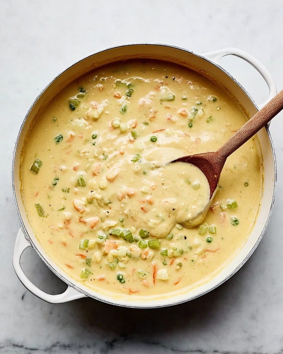 A white pan filled with a thick creamy yellow soup that has a smooth texture, dotted with small pieces of green celery and orange carrots evenly spread throughout. A wooden spoon is stirring the soup, lifting some of it inside the pan. The pan is placed on a white marbled surface, and the soup fills it almost to the top, showing the mix of vegetables and creamy base clearly. photo taken with an iphone --ar 4:5 --v 7