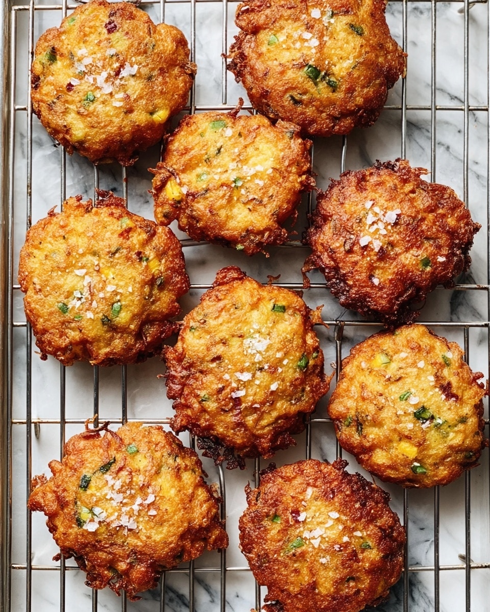 The image shows eight golden brown fritters with a rough, crispy texture on the edges, placed in two rows on a metal wire rack that is set inside a white tray. Each fritter is round but irregular in shape, with visible green bits and small dark spots in the batter, topped with coarse salt crystals that add a sparkly effect. The fritters have a crunchy outer layer with a slightly uneven surface, and the overall color varies from light golden to dark brown. The background is a white marbled texture. photo taken with an iphone --ar 4:5 --v 7
